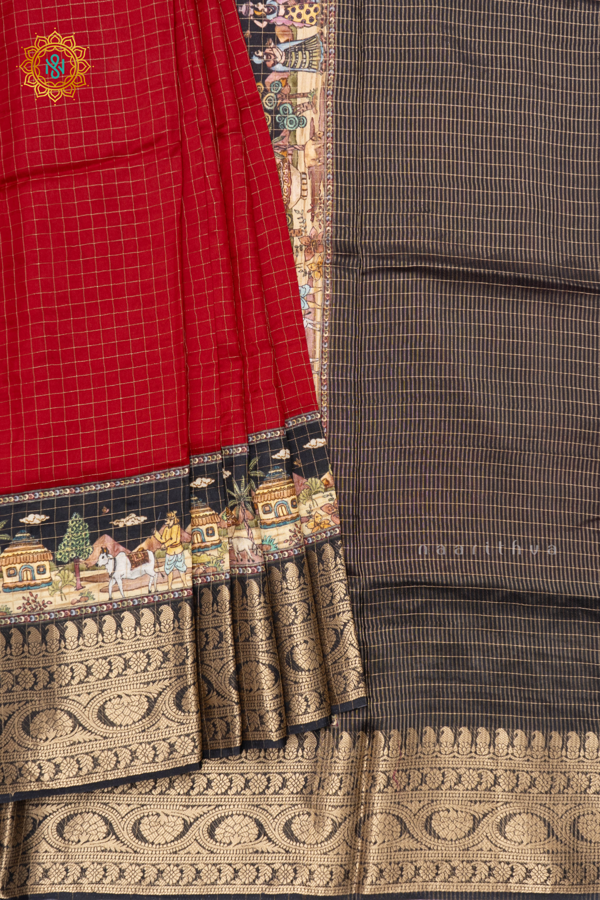 RED WITH BLACK - SEMI CREPE SILK