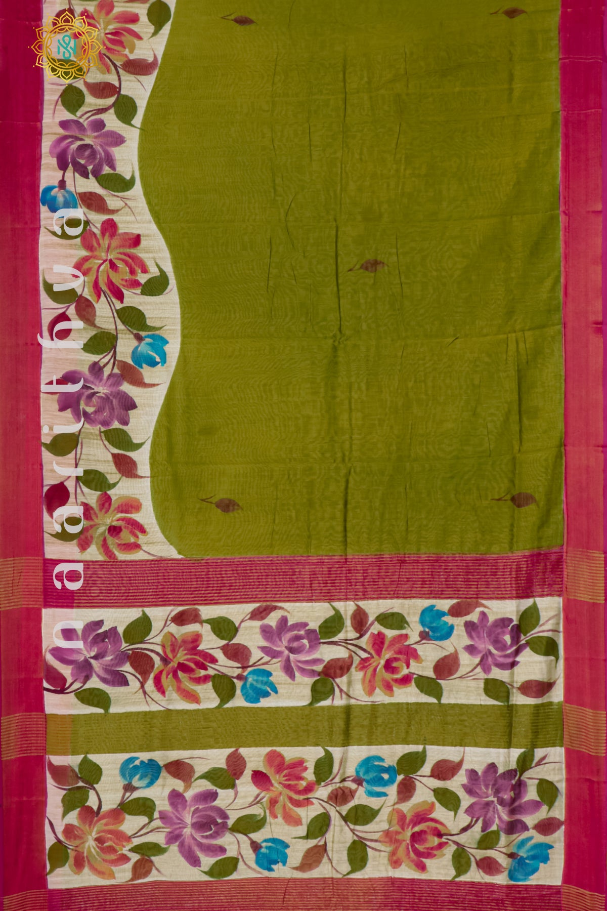 GREEN WITH PINK - CHANDERI SILK WITH HAND PAINTED