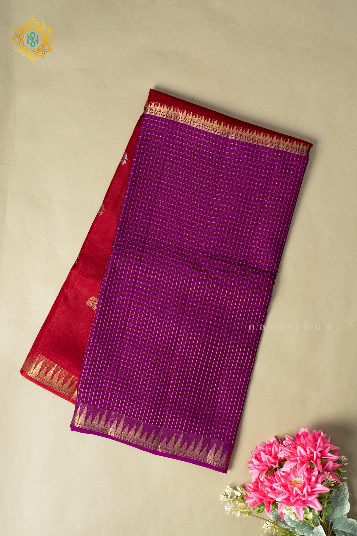 Red With Magenta Semi Crepe Silk Saree With Zari Checks & Buttas On The Body With Half & Half Pattern