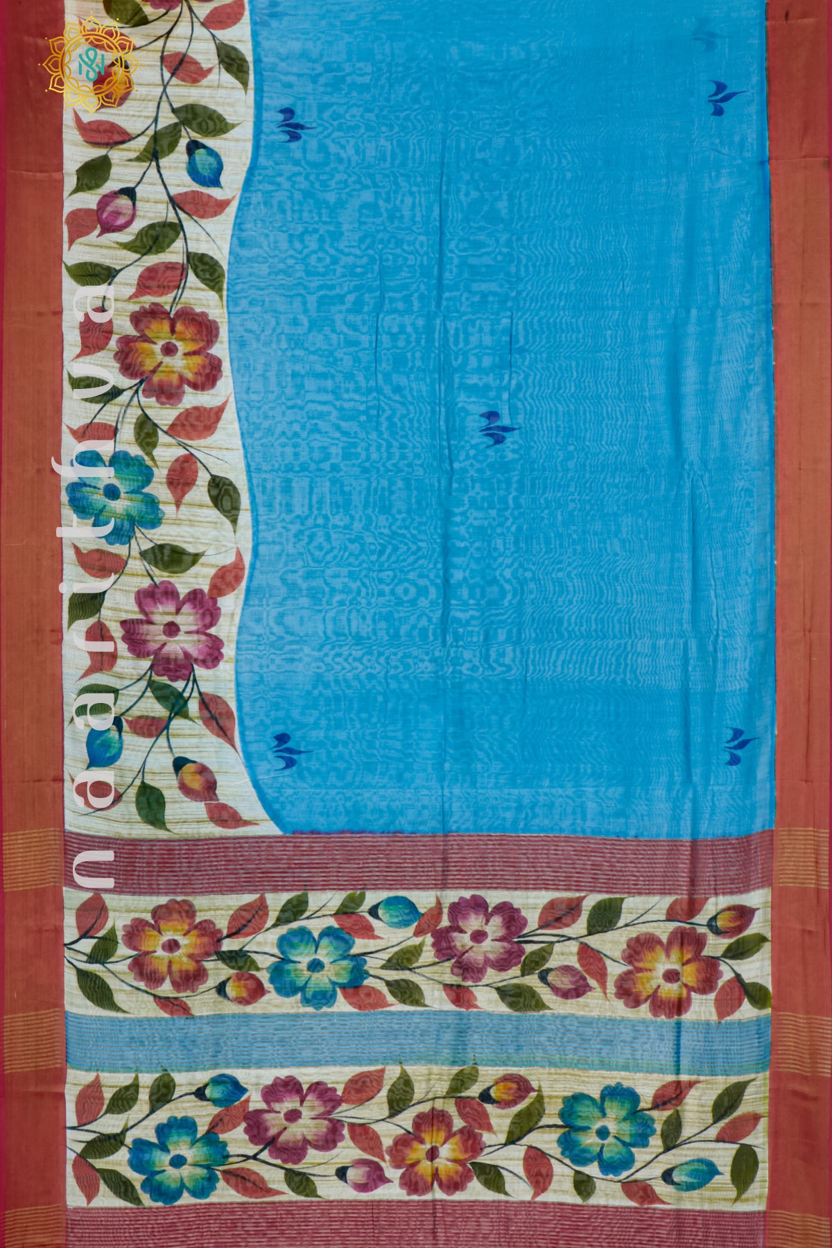 SKY BLUE WITH RED - CHANDERI SILK WITH HAND PAINTED