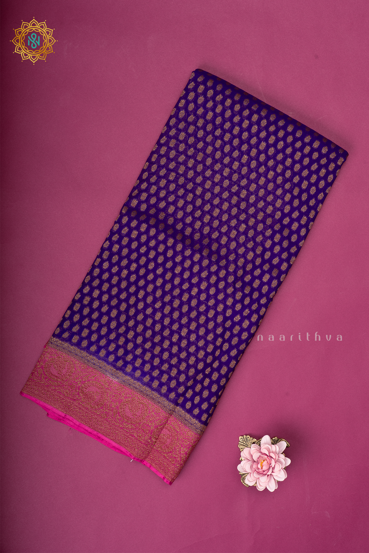 Purple With Pink Semi Banarasi Georgette Saree Allover Zari Buttas On The Body With Contrast Zari Border & Pallu