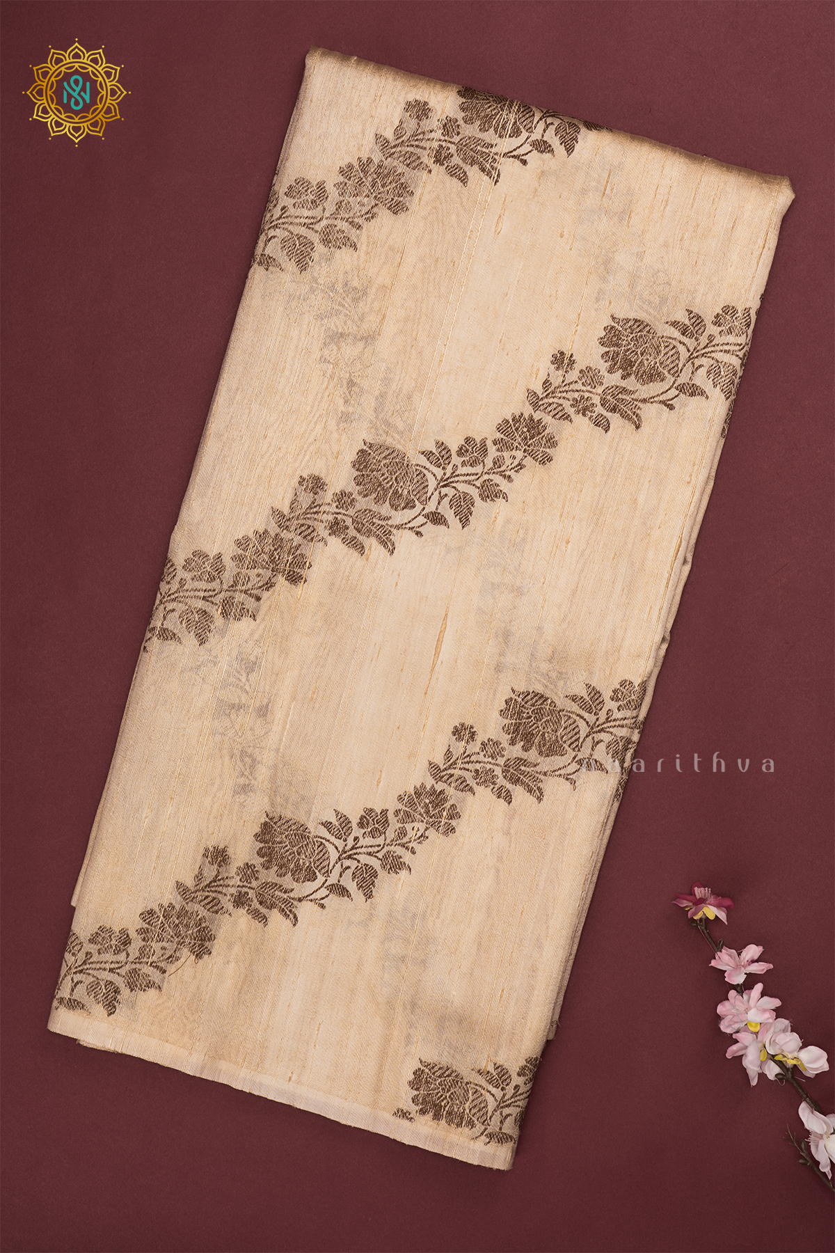 Off White with Red Pure Banarasi Raw Silk Saree With Allover Zari in Borderless Style