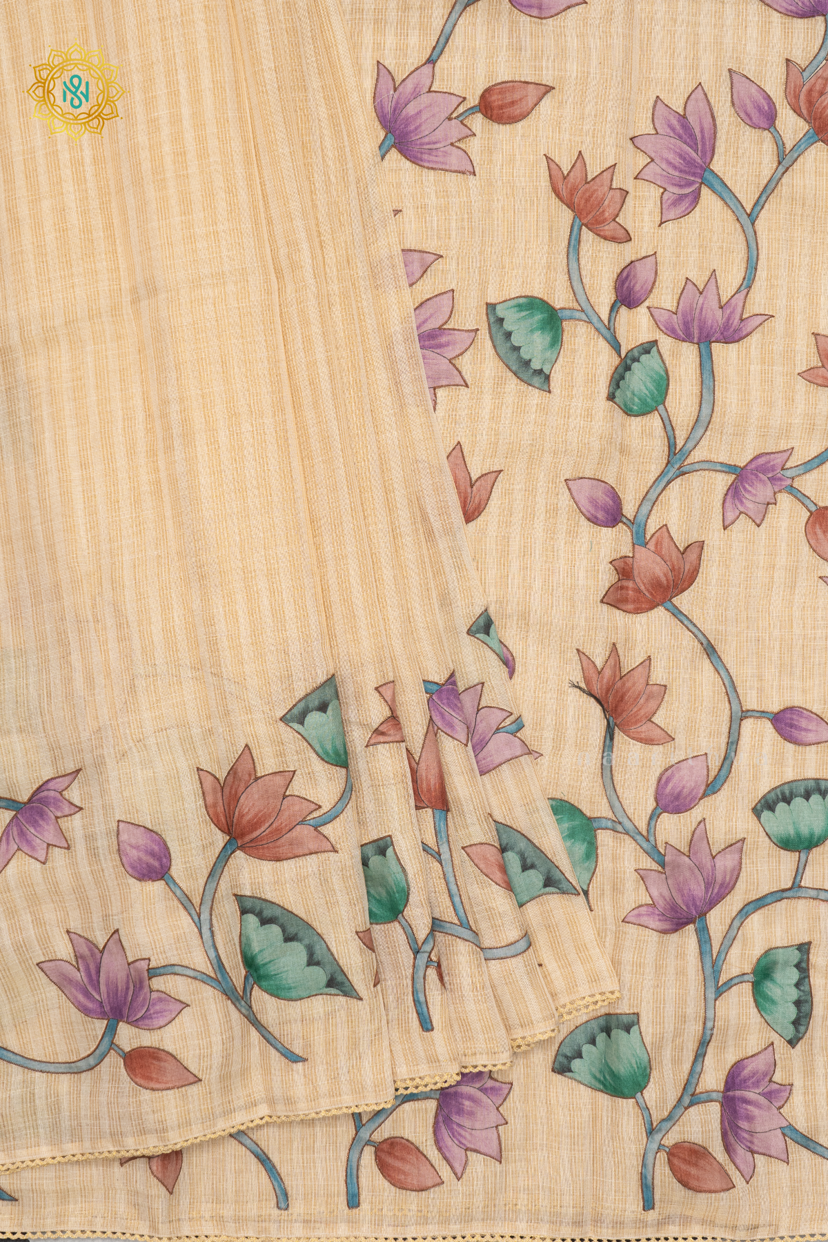 OFF WHITE WITH LAVENDER - LINEN TISSUE WITH APPLIQUE WORK