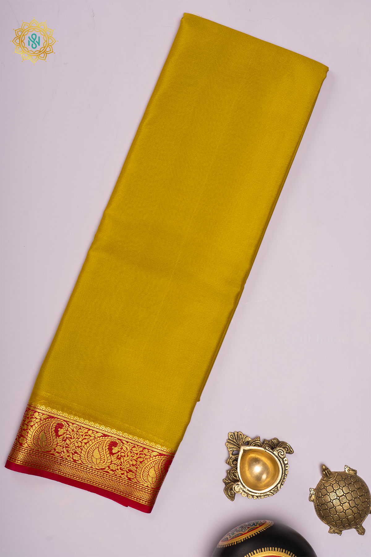 LEMON YELLOW WITH PINK - PURE MYSORE CREPE SILK