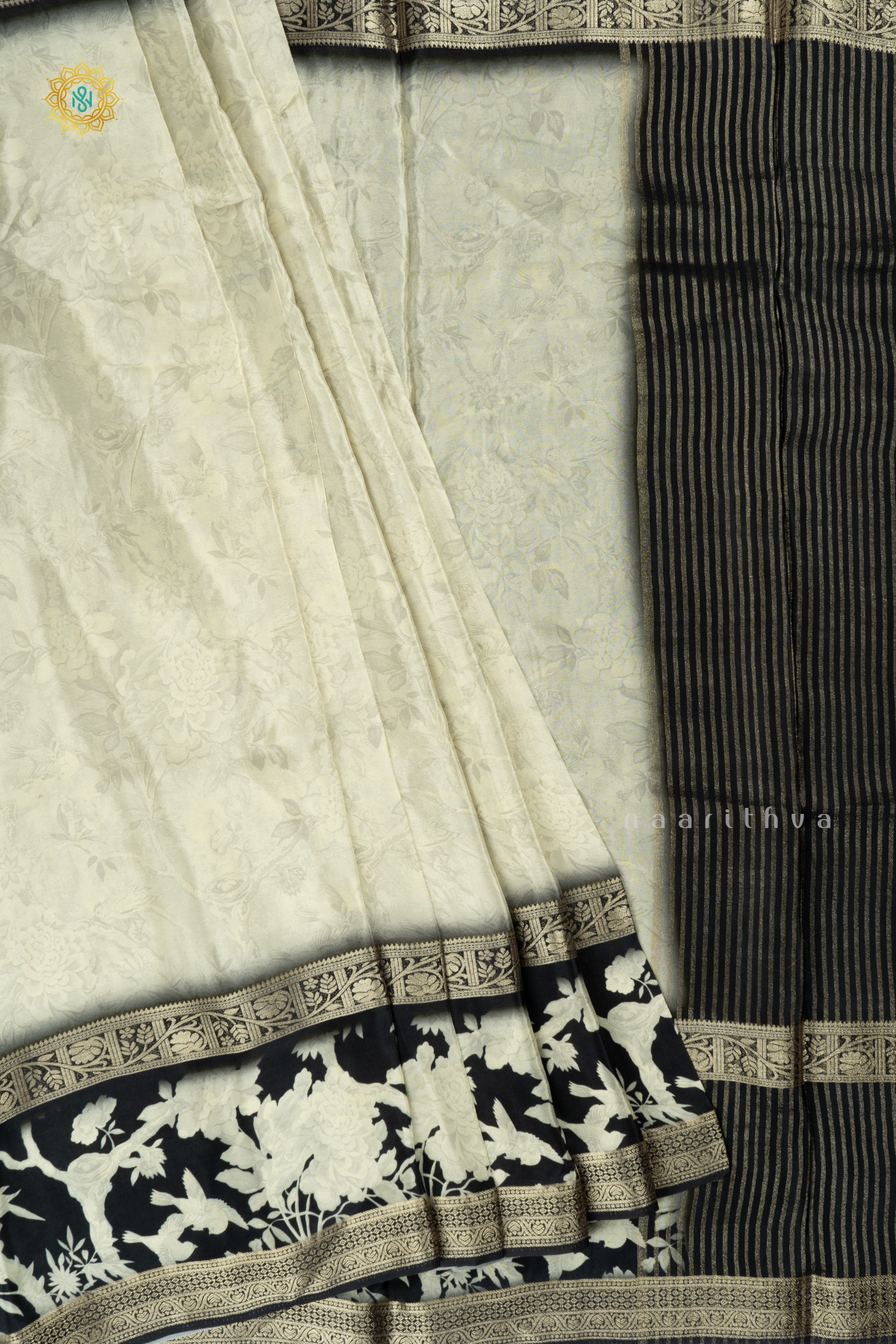 Off White With Black Printed Semi Crepe Silk Saree With Contrast Bentex Zari Border & Pallu