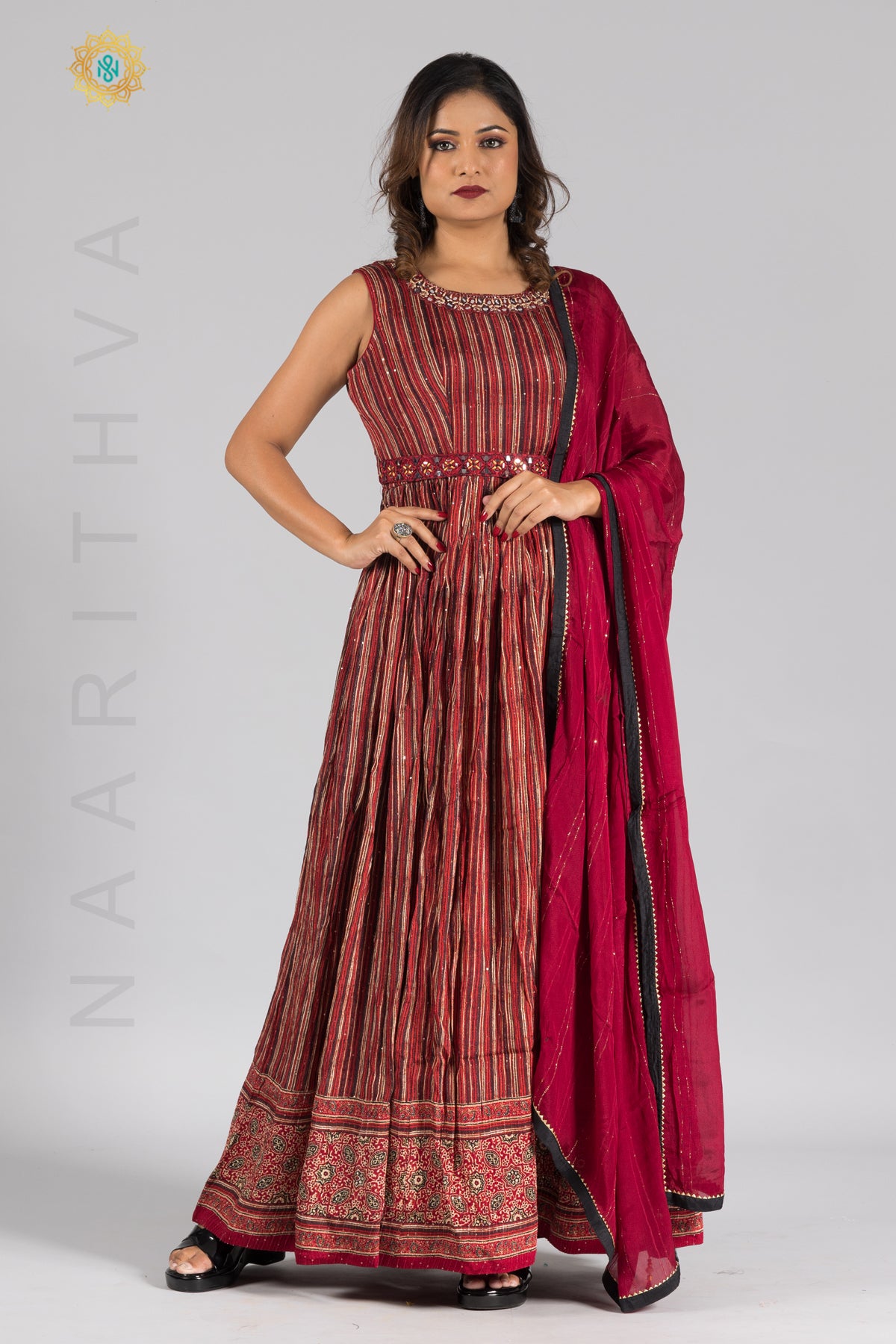 MAROON - PARTY WEAR GOWN WITH NECK LINE HAND WORK & DUPATTA