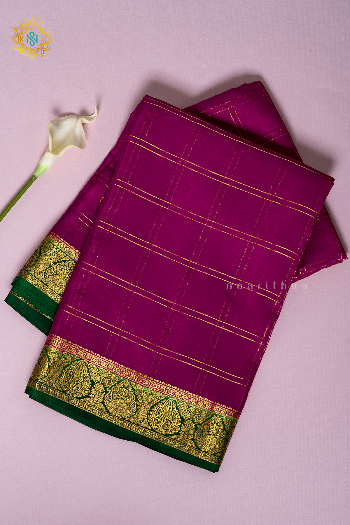 RANI PINK WITH GREEN - PURE MYSORE CREPE SILK