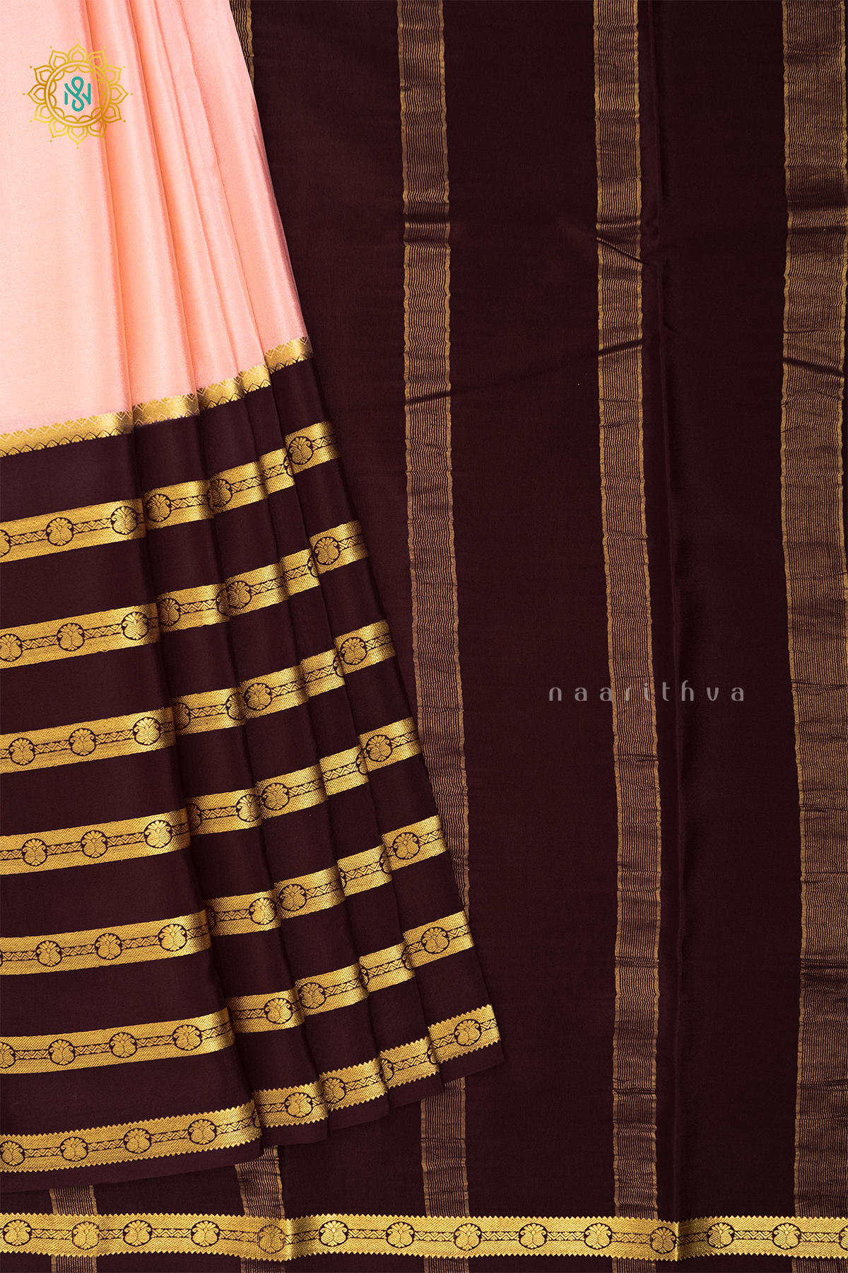 PEACH WITH BROWN - PURE MYSORE CREPE SILK