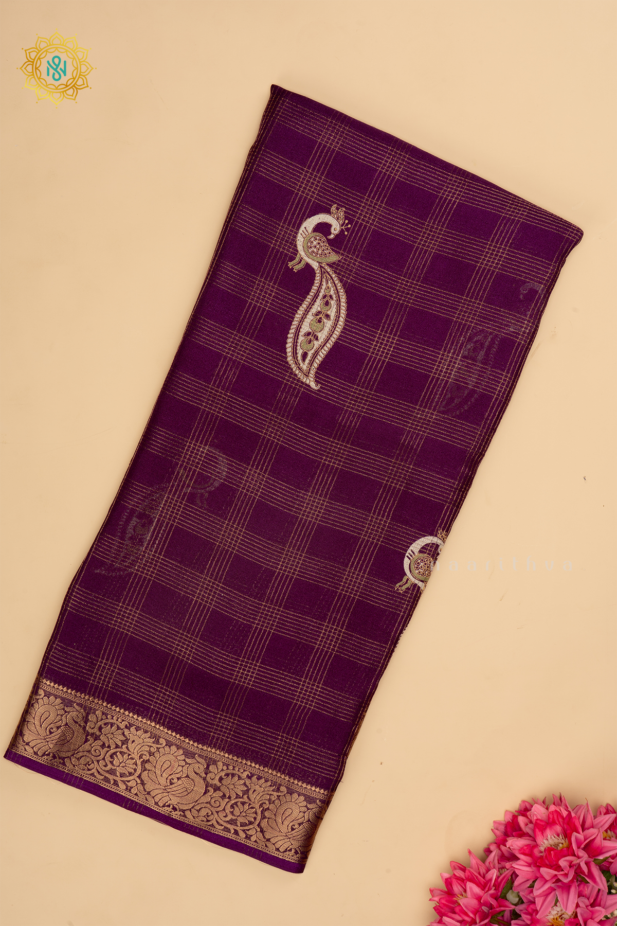 Wine Semi Georgette Saree With Zari Checks Body, Printed Buttas And Zari Border