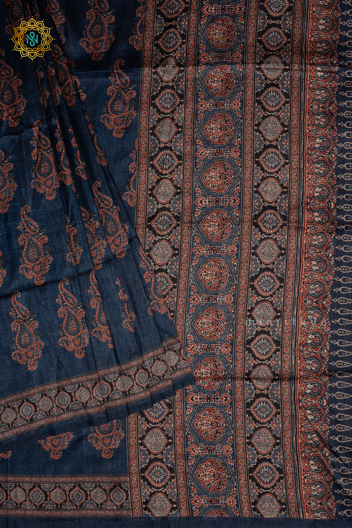 BLUE - SEMI TUSSAR SILK WITH PRINTED BODY AND AJRAKH PRINTED PALLU