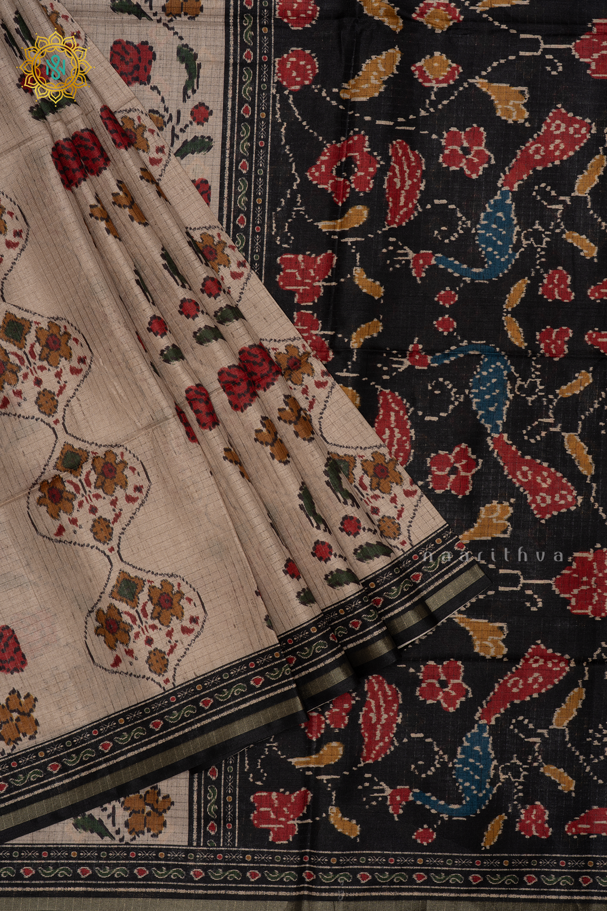 Off White With Black Semi Tussar Silk Saree With Printed Body And Contrast Border
