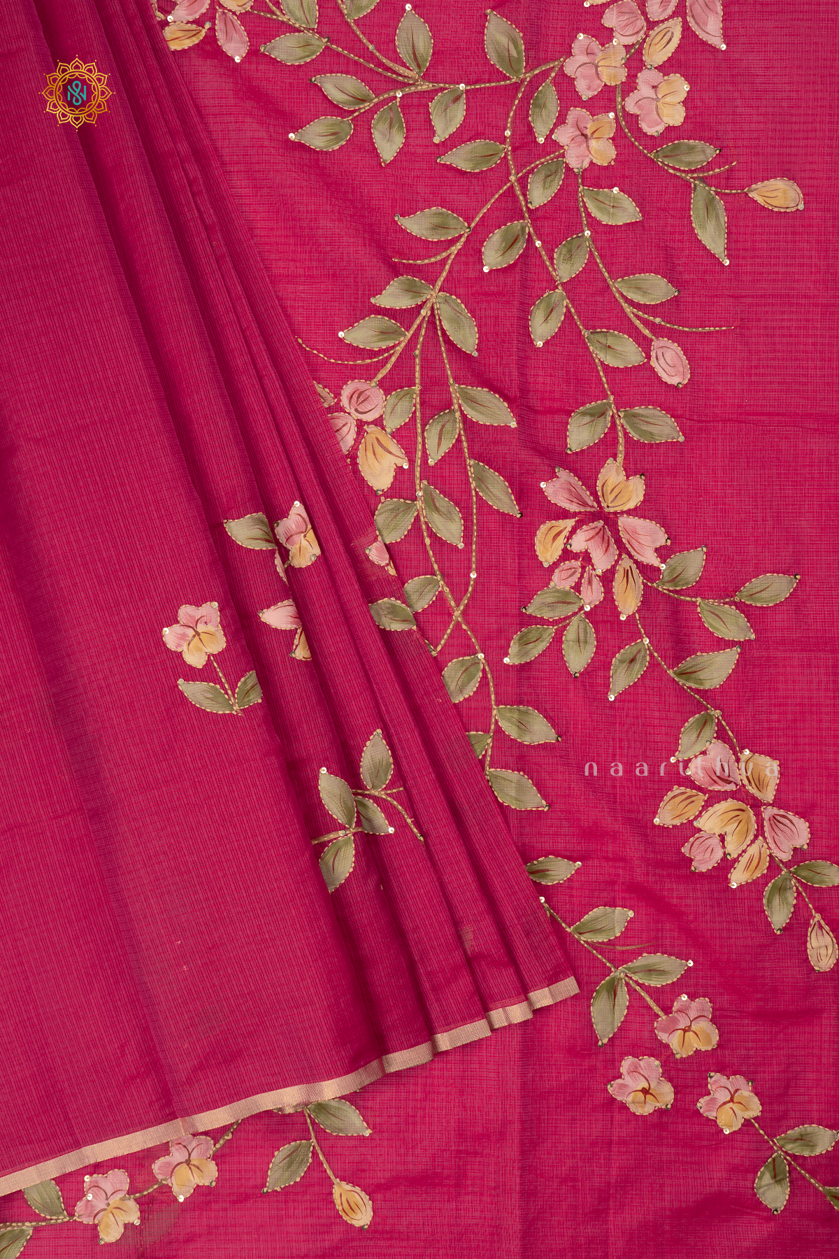 Pink Kota Organza With Hand-Painted And Katha Work On The Body