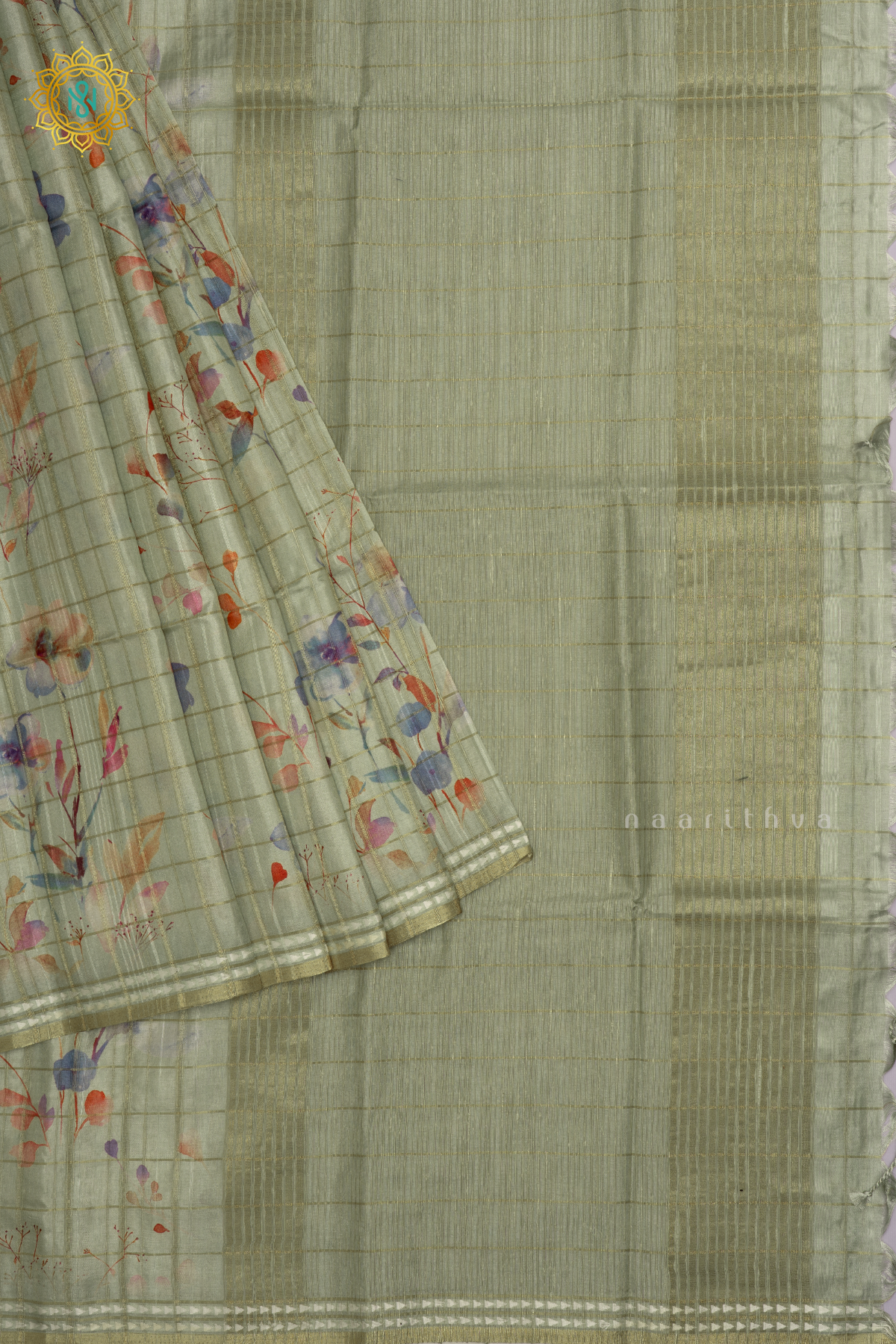 Pista Green - Kotha Tussar Silk Saree with Allover zari Checks and Printed Body with pallu and Blouse
