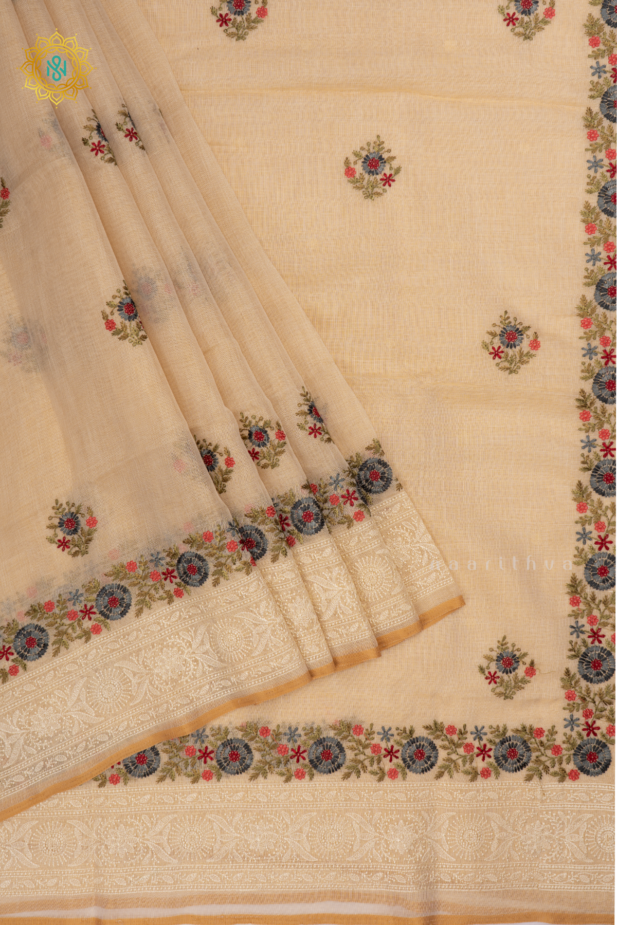 Off white Linen Tissue Saree with All-Over Embroidered Buttas on the Body, Featuring an Embroidery Border and Pallu