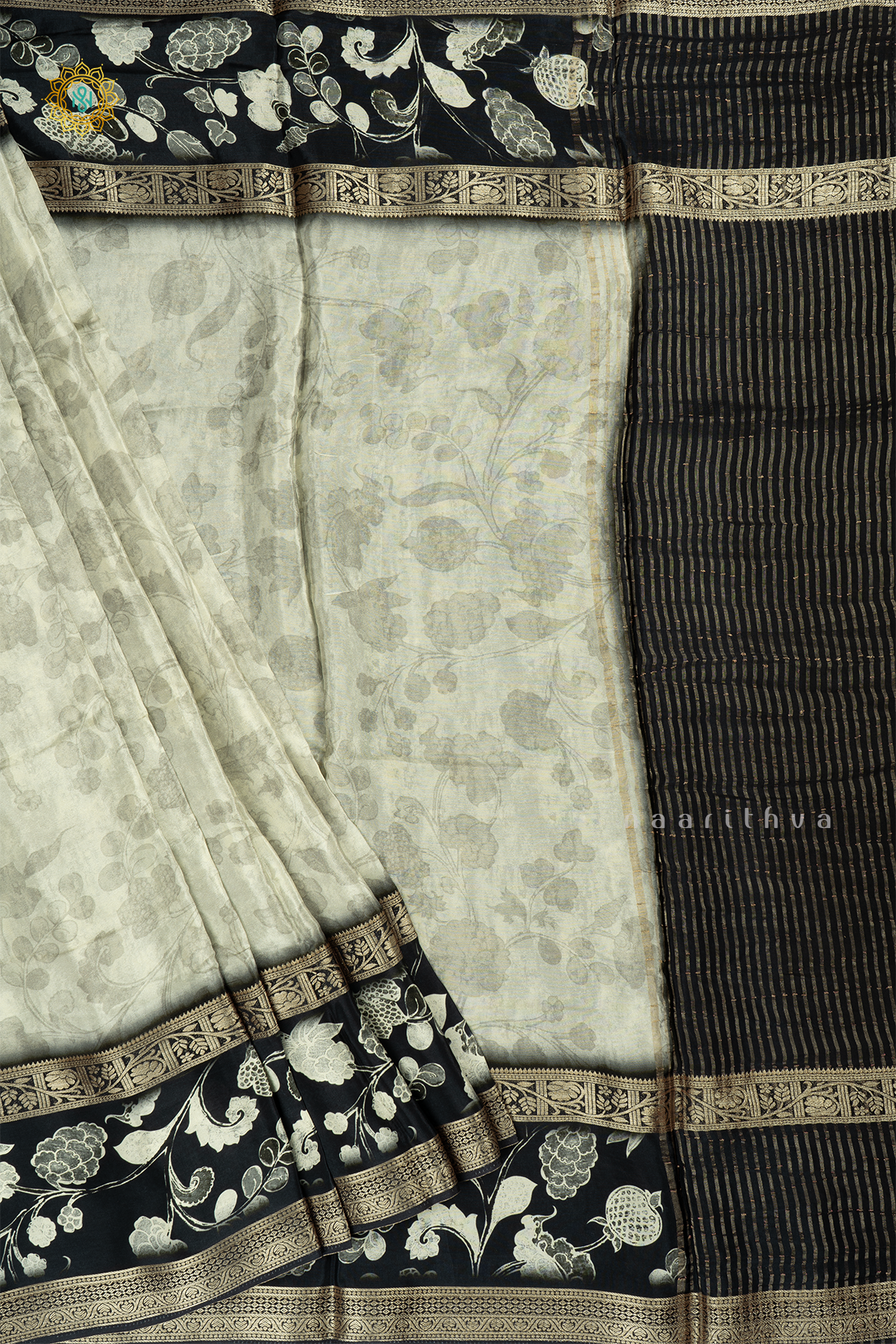 Off White With Black Printed Semi Crepe Silk Saree With Contrast Bentex Zari Border & Pallu