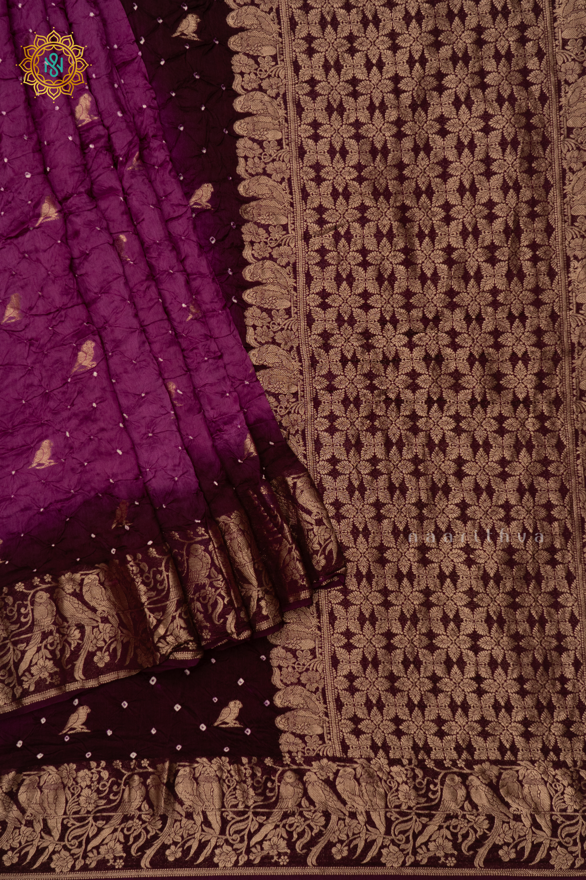 WINE WITH DEEP WINE - SEMI TUSSAR WITH BANDHINI TIE & DYE