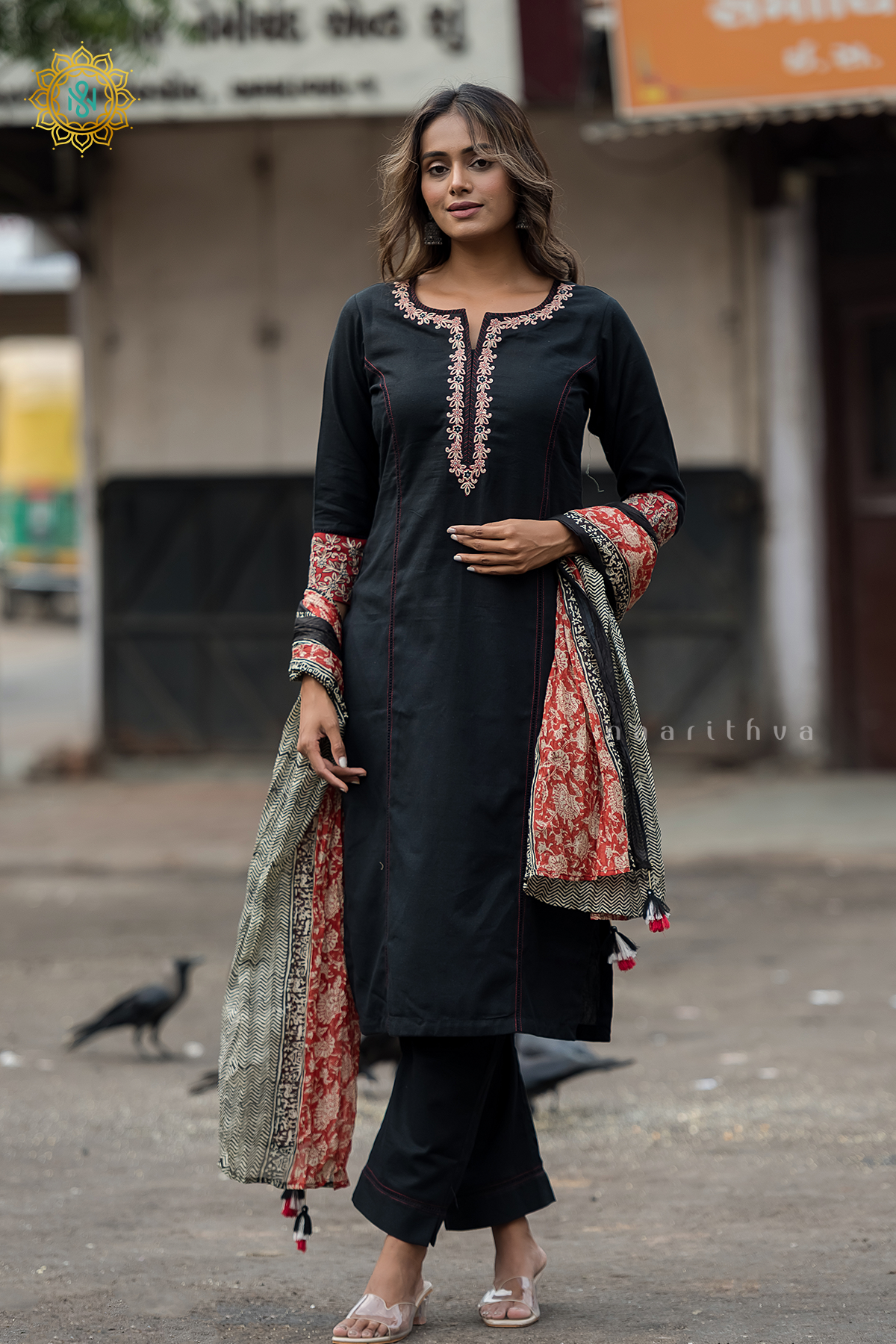 BLACK - COTTON 3PC SALWAR SUIT WITH TOP, BOTTOM & DUPATTA