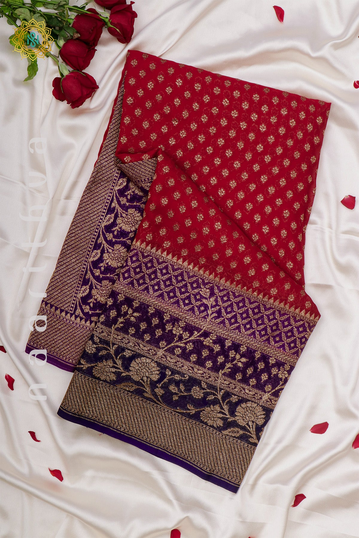 RED WITH PURPLE & NAVY BLUE - PURE HANDLOOM KHADDI GEORGETTE BANARAS