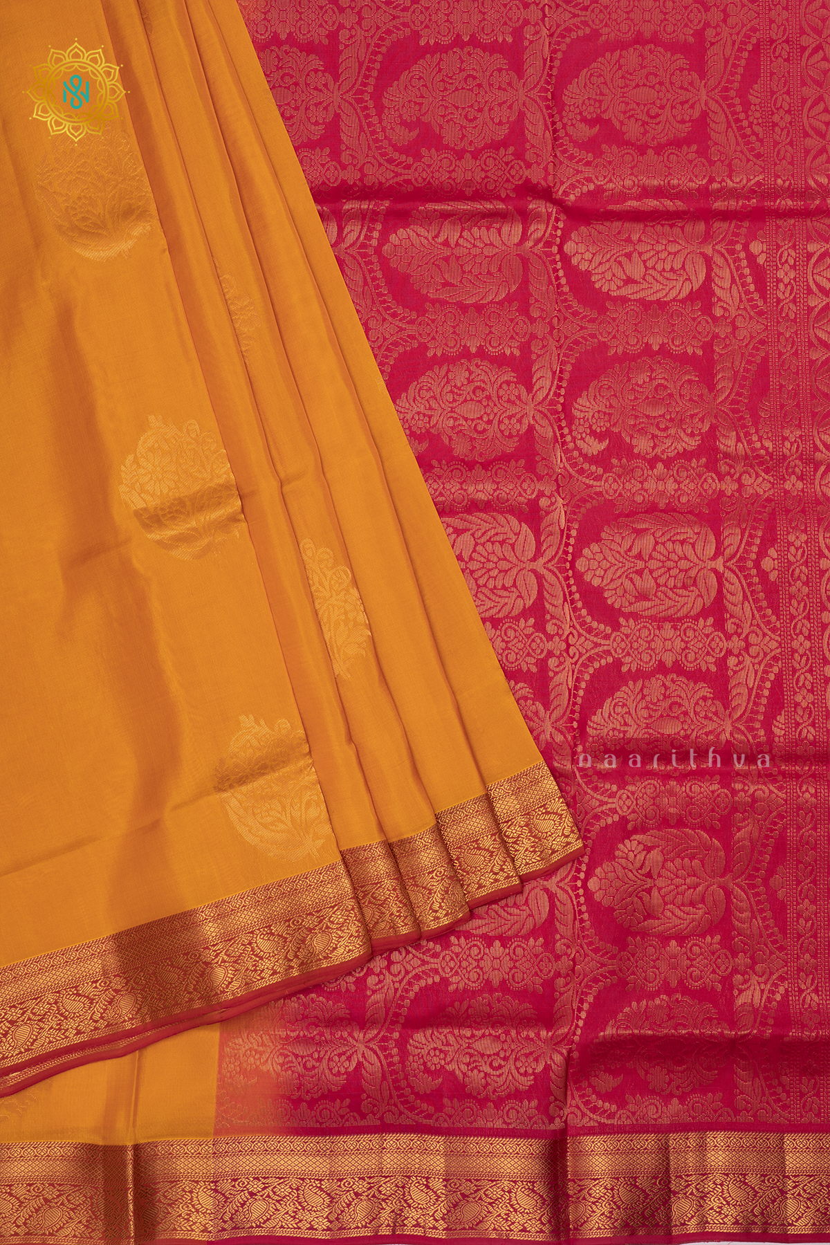 Yellow with Pink Pure Mix Kanjivaram Soft Silk Saree with All-Over Zari Buttas and a Contrast Zari Border