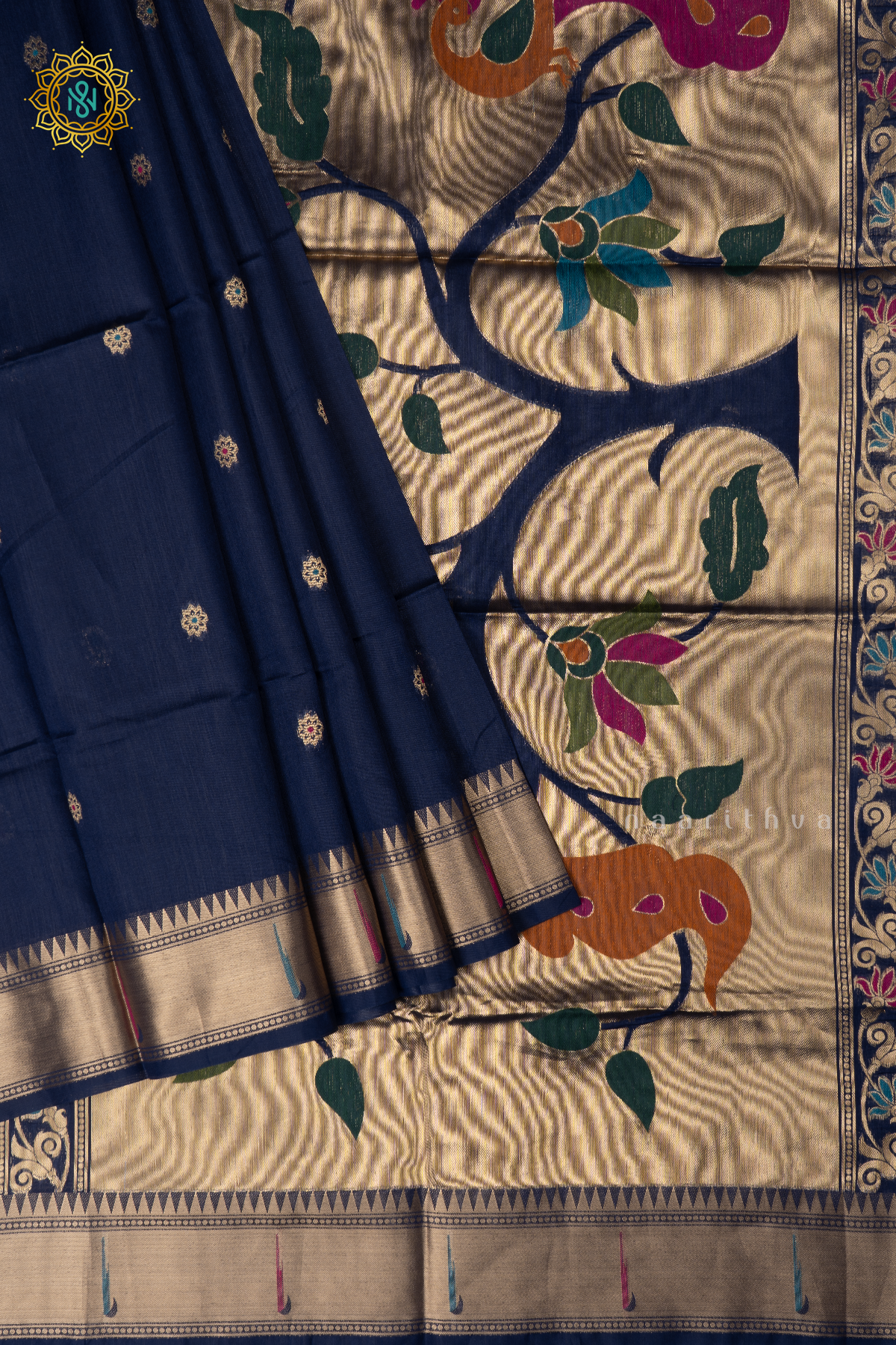 Navy Blue Semi Tussar Silk Saree Zari Buttas On The Body With Paithani Border & Pallu