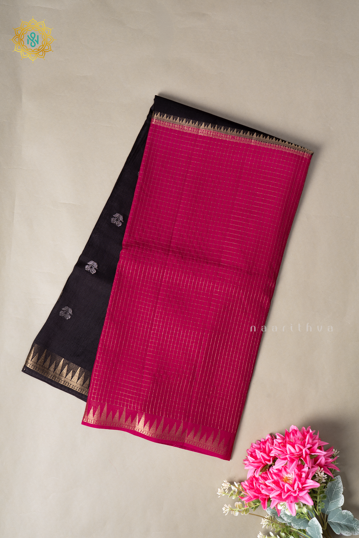 Black With Pink Semi Crepe Silk Saree With Zari Checks & Buttas On The Body With Half & Half Pattern
