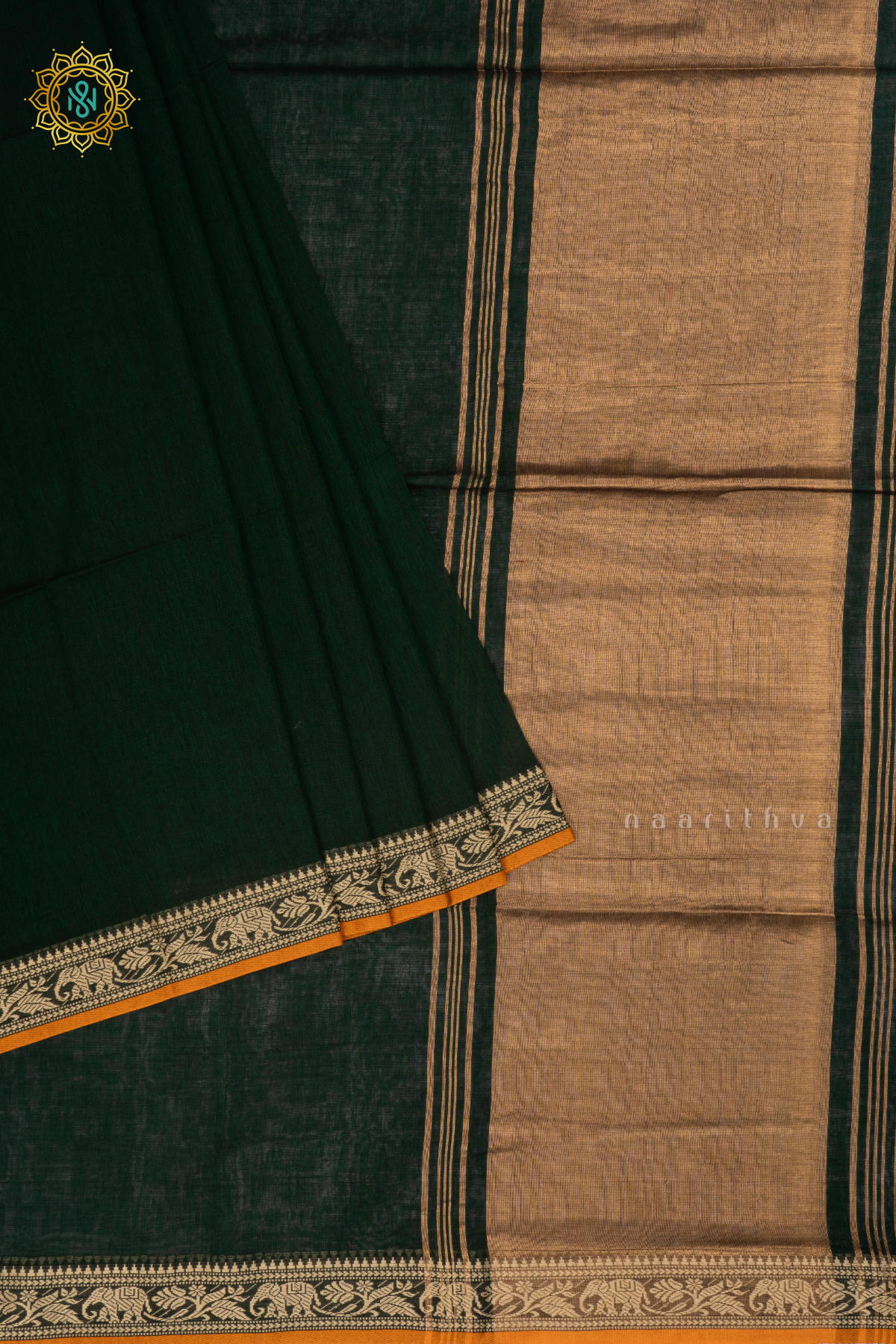 Bottle Green Mul Cotton Saree  with Plain Body and Thread Woven Border