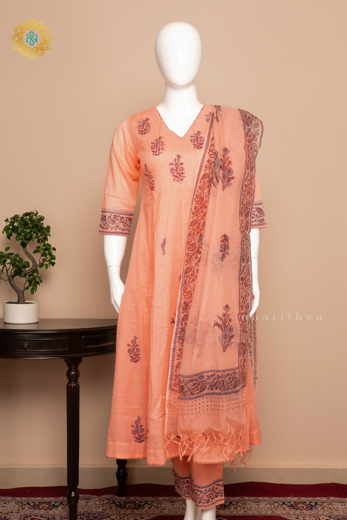 Peach Mul Chanderi 3Pc Salwar Suit With Kota Cotton Dupatta