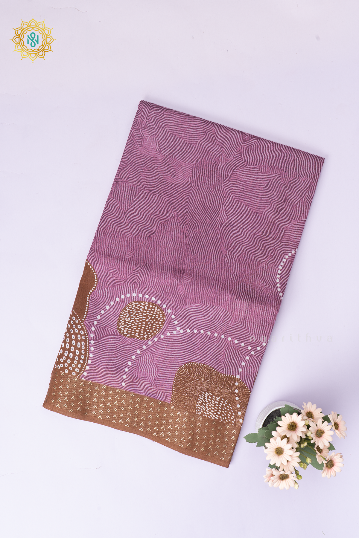 Light Pink With Brown Semi Cotton Tussar Saree with Printed Body & Contrast Pallu