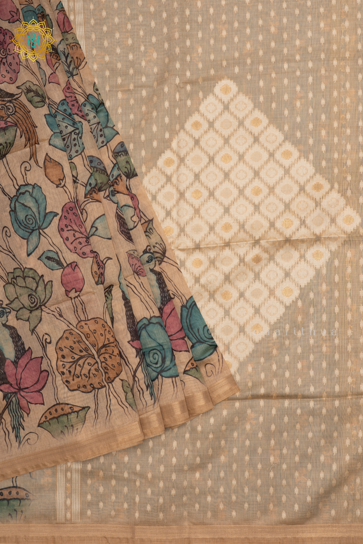 Beige With Blue Linen By Cotton Saree With Kalamkari Prints On The Body