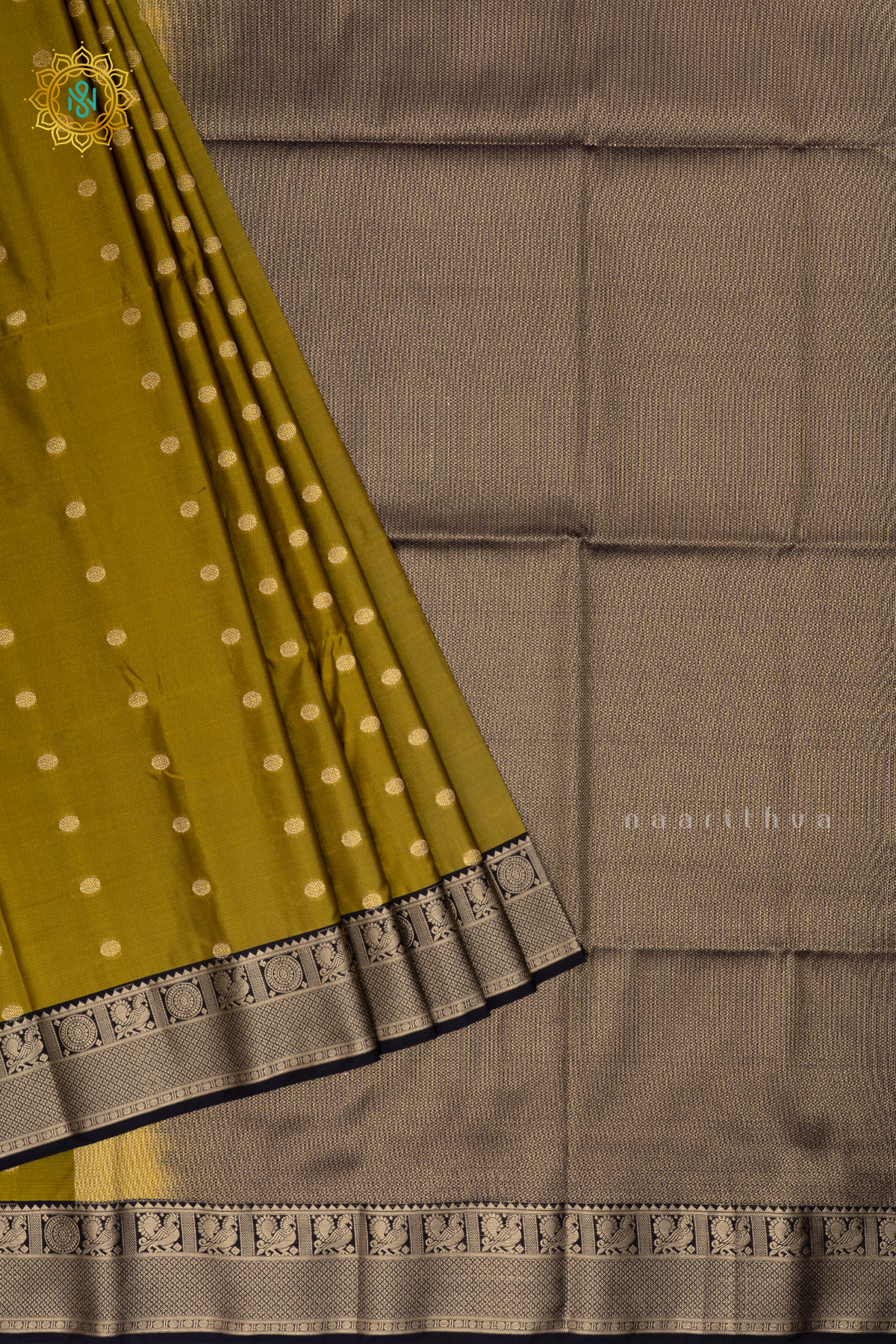 Olive Green With Navy Blue Semi Soft Silk Saree Allover Zari Buttas And Contrast Zari Border