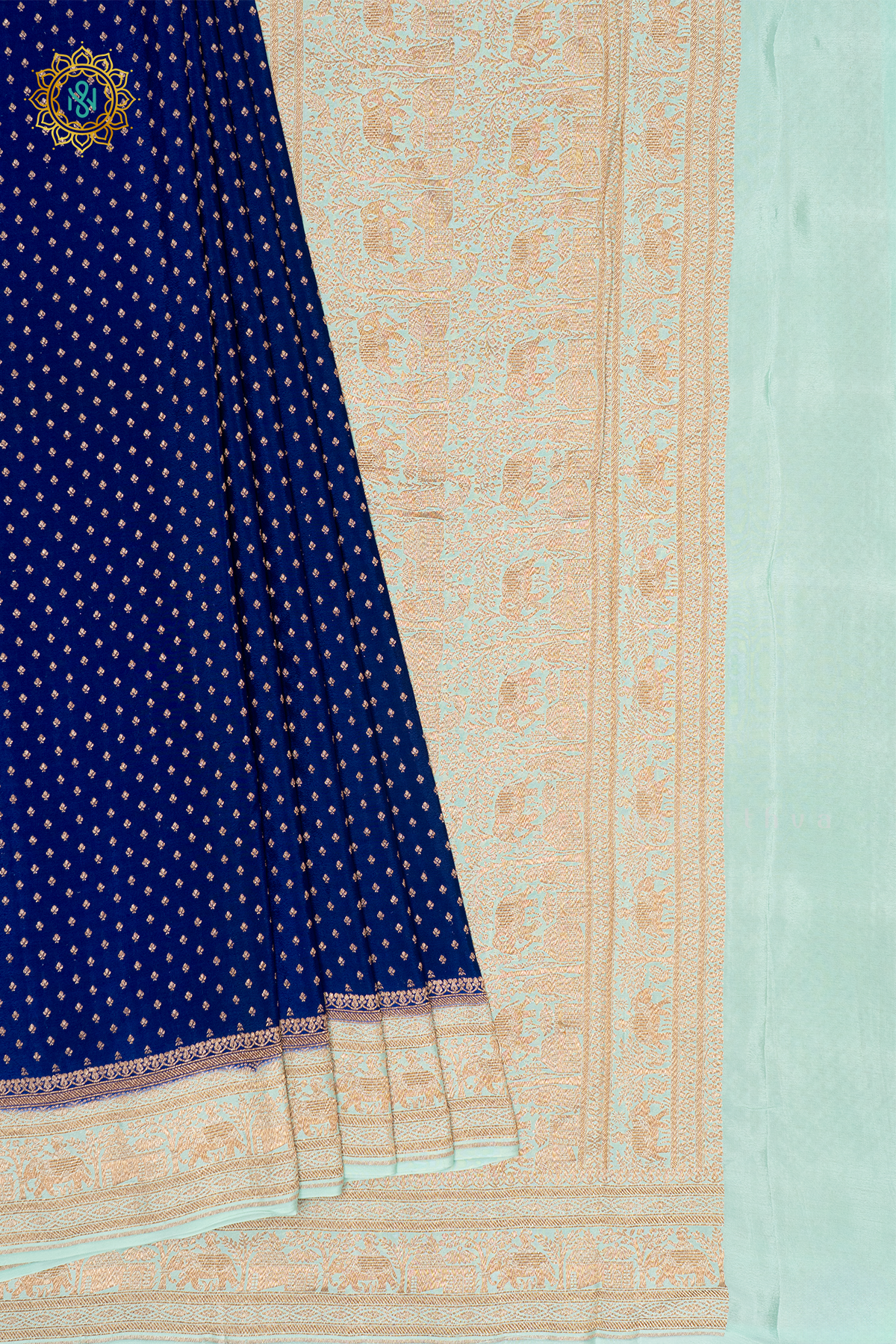 BLUE WITH AQUA GREEN - PURE BANRASI CREPE SILK