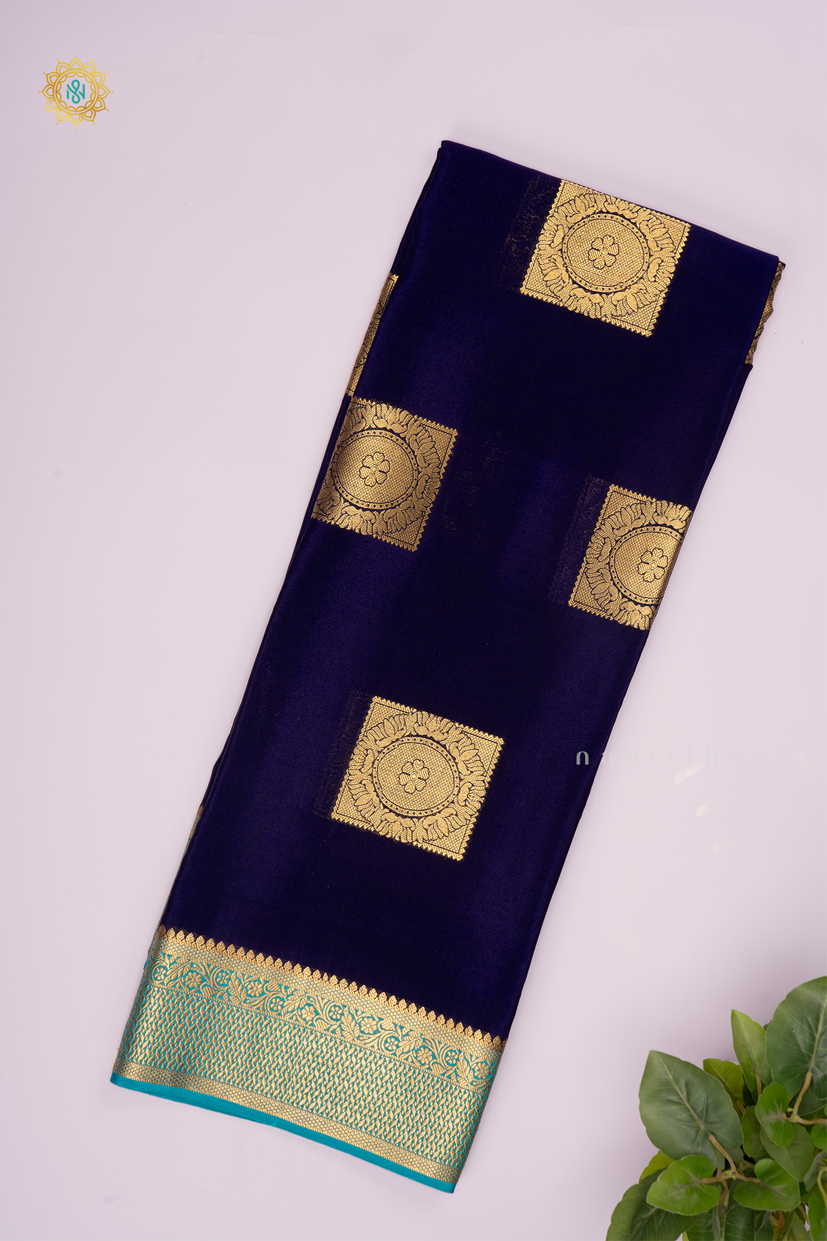 NAVY BLUE WITH AQUA BLUE - PURE MYSORE CREPE SILK
