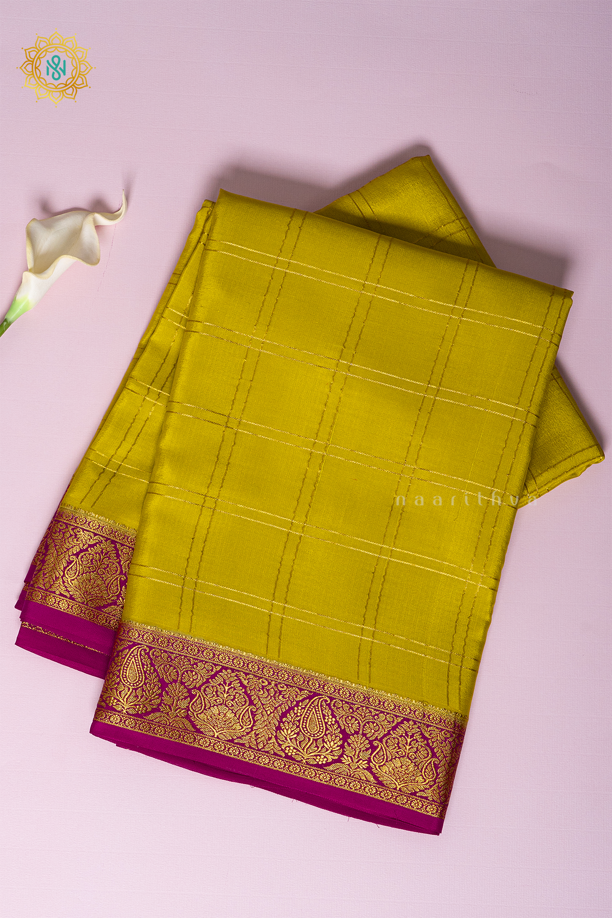 LEMON YELLOW WITH PINK - PURE MYSORE CREPE SILK