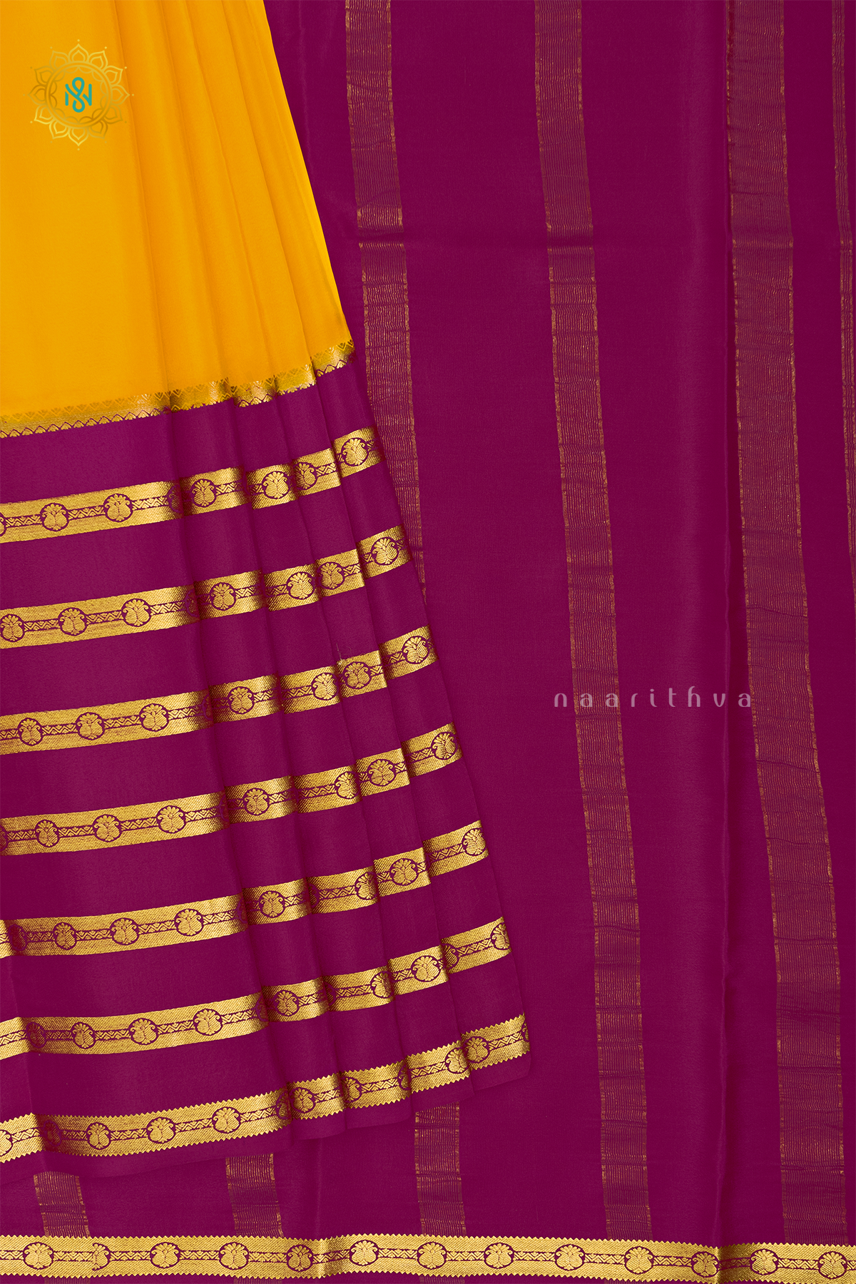 YELLOW WITH PINK - PURE MYSORE CREPE SILK