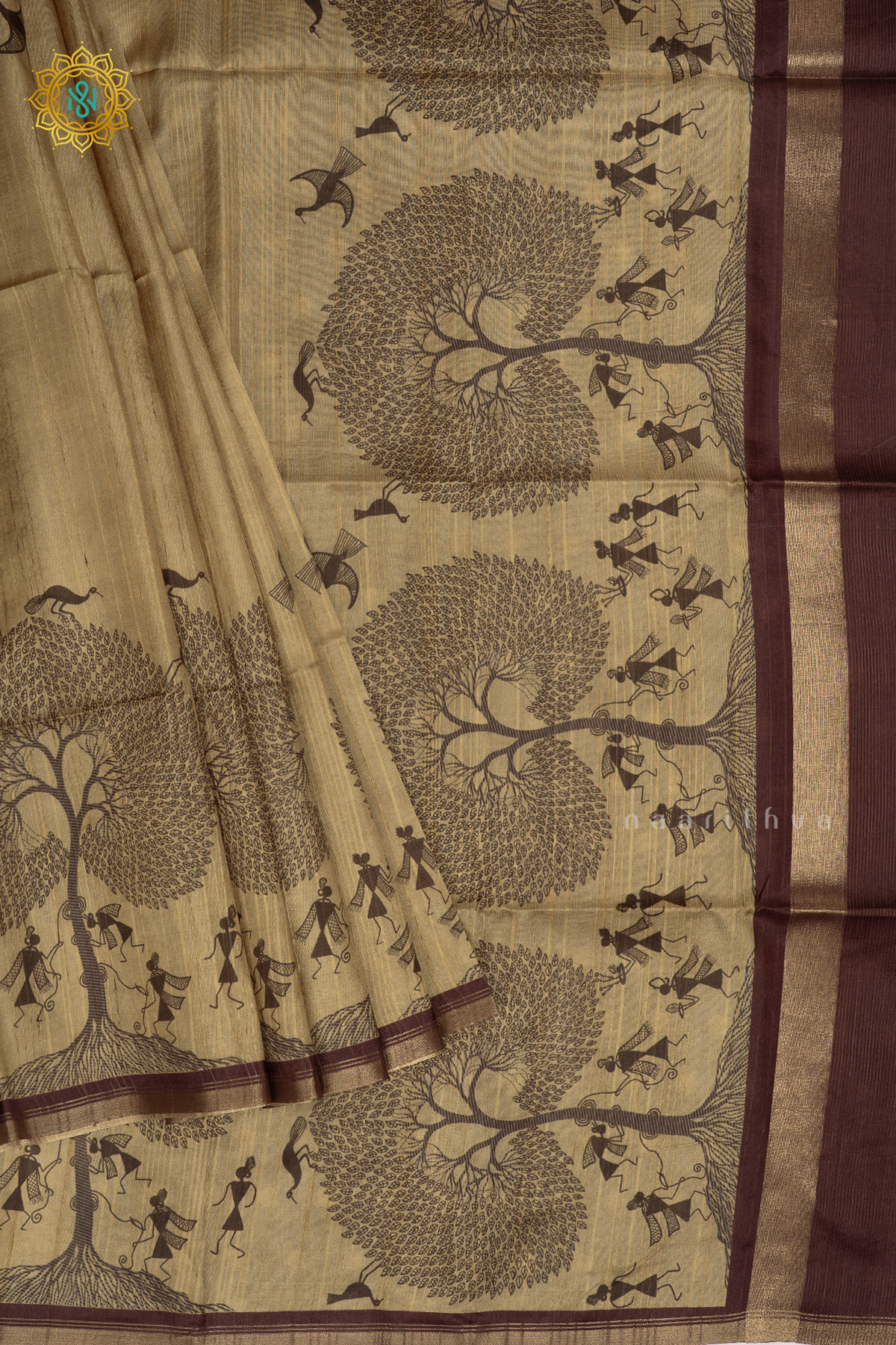 Light Green Semi Tussar Silk Saree With Printed Body And Contrast Border