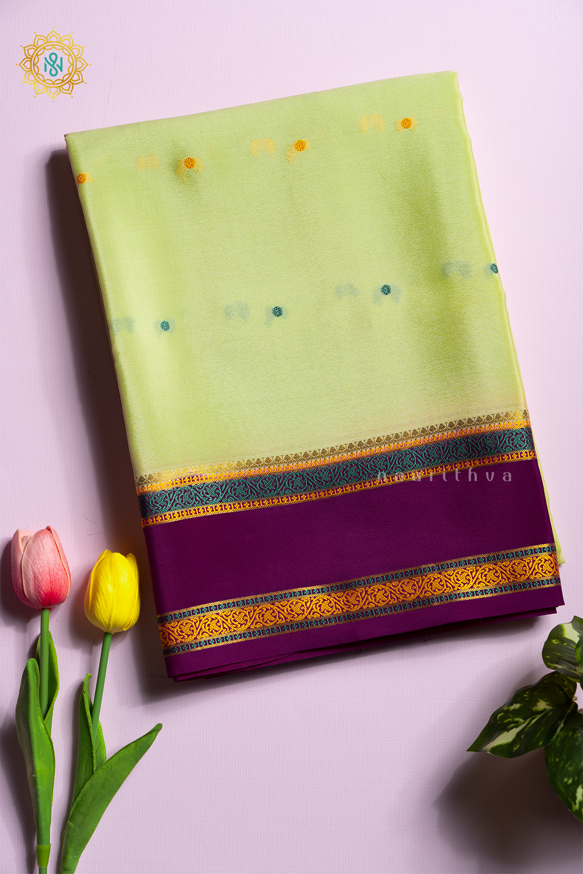 PISTA GREEN WITH MAGENTA - PURE MYSORE CREPE SILK