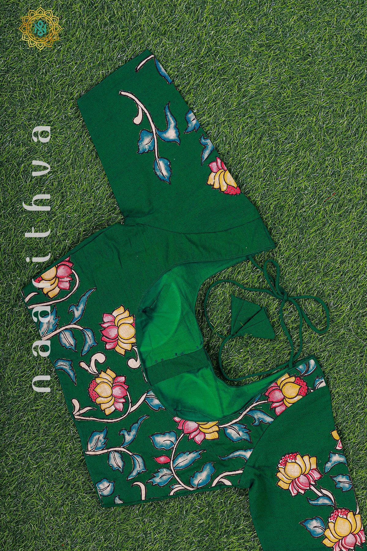 BOTTLE GREEN - READYMADE RAW SILK WITH APPLIQUE WORK BLOUSE