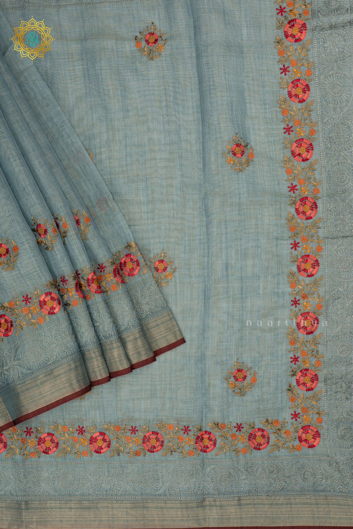 Blue - Linen Tissue Saree Allover Thread Work Buttas with Tissue Border
