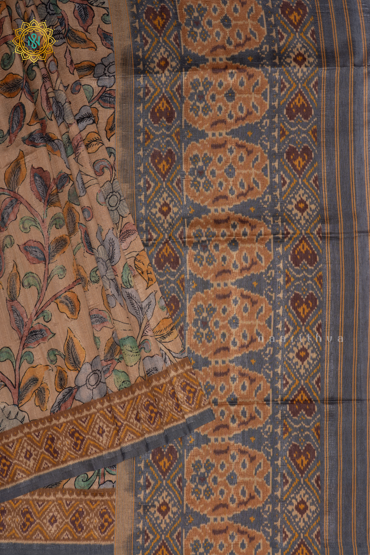 Beige With Light Grey - Semi Gicha Tussar Saree Allover Kalamkari Printed Body With Pallu And Blouse