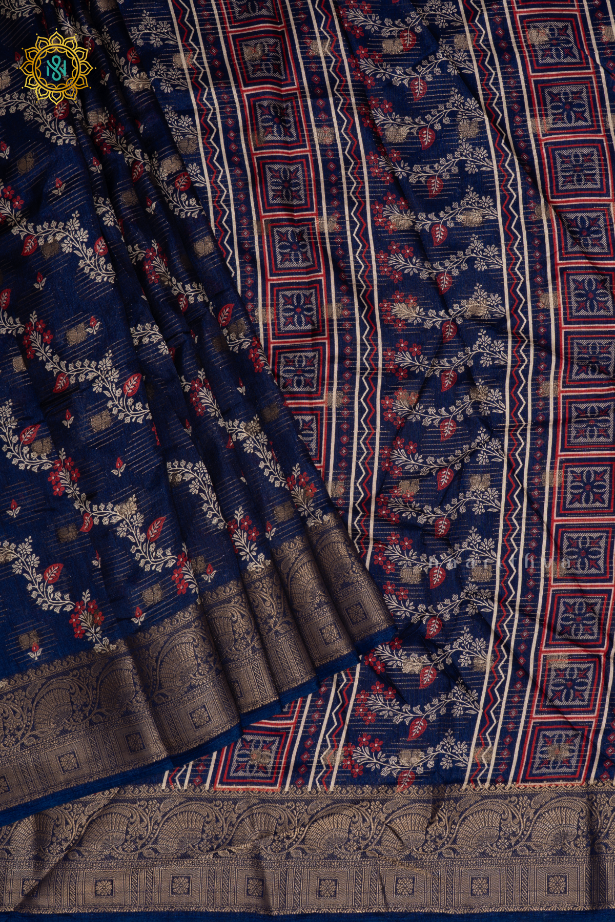 NAVY BLUE - DOLA SILK SAREE WITH PRINTED BODY AND ZARI BORDER