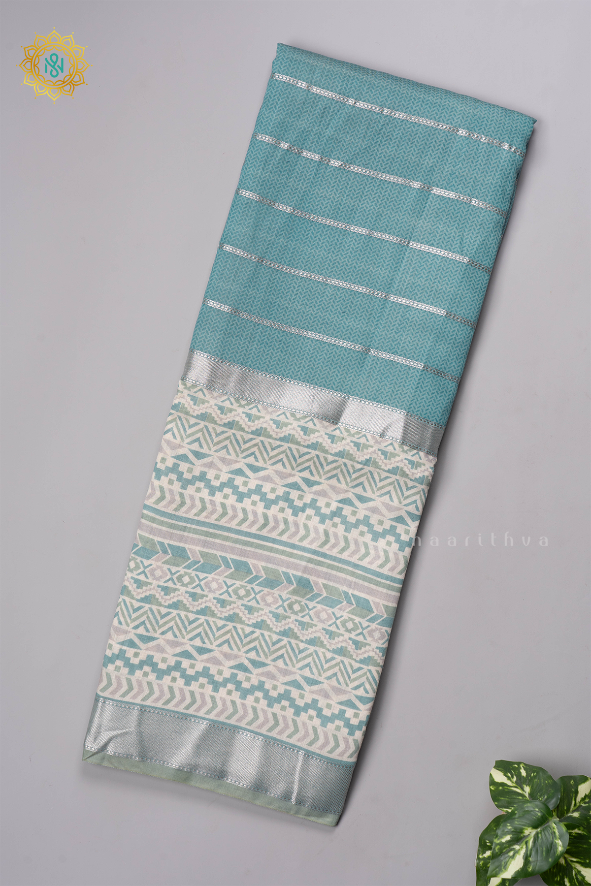 AQUA BLUE WITH OFF WHITE - BUTTER CREPE