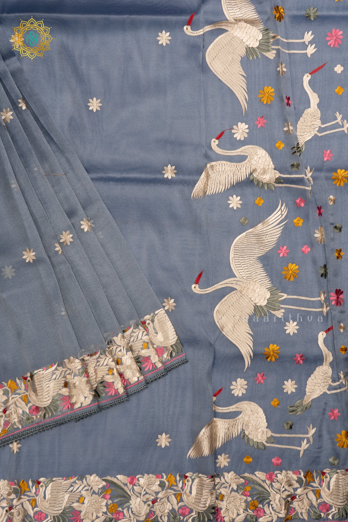 Blue Tissue Organza Saree All Over Hand Embroidery Buttas with Hand Embroidery Border