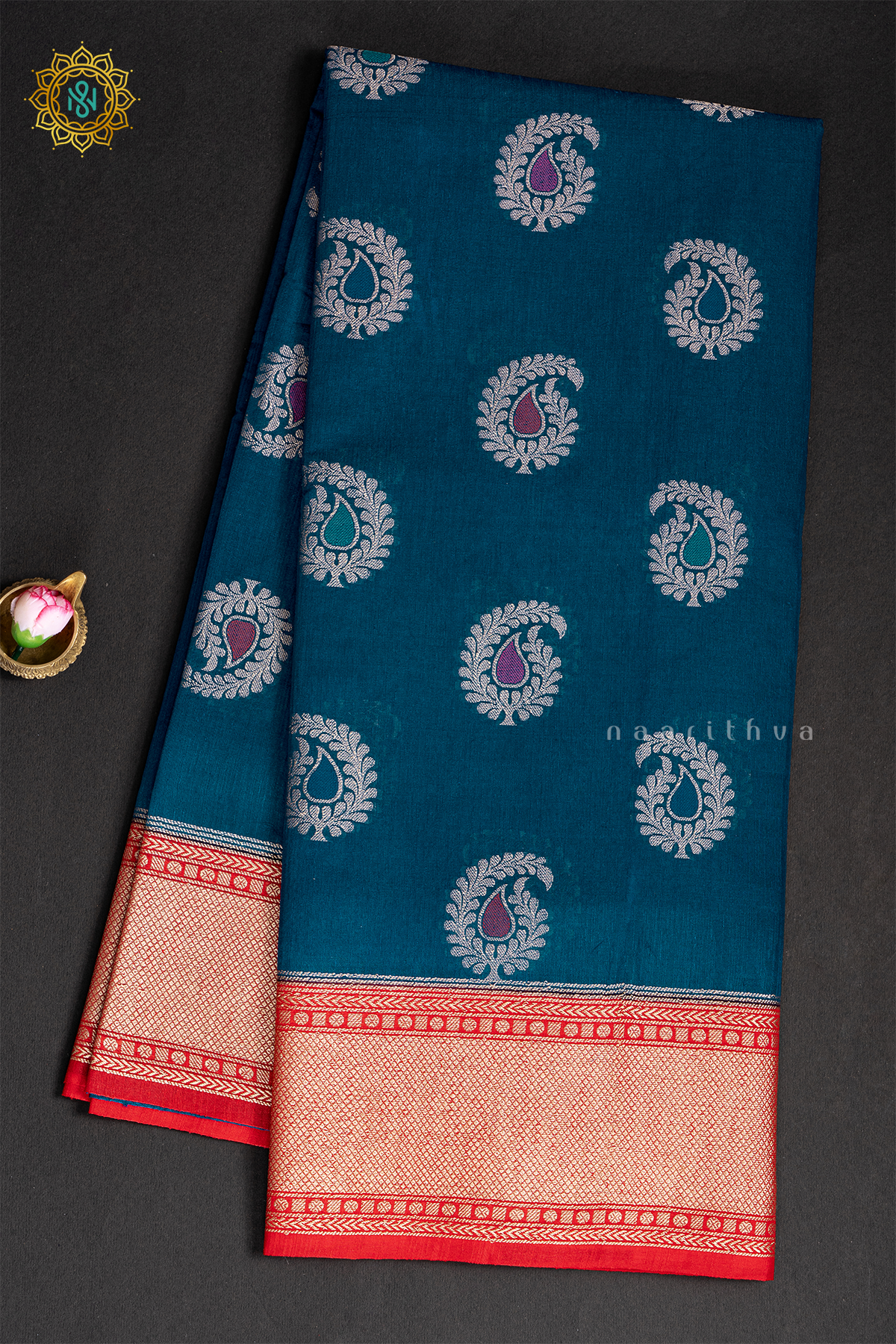 CYAN BLUE WITH RED - JUTE COTTON