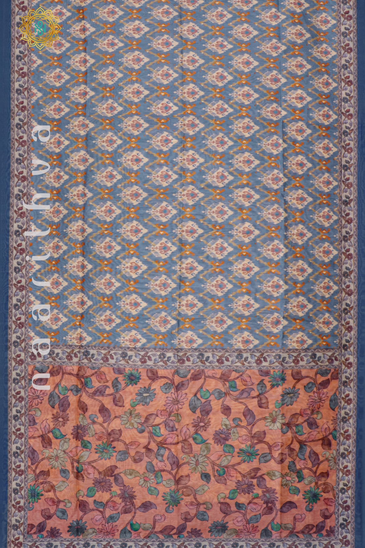 BLUE WITH PEACH - CHANDERI SILK COTTON