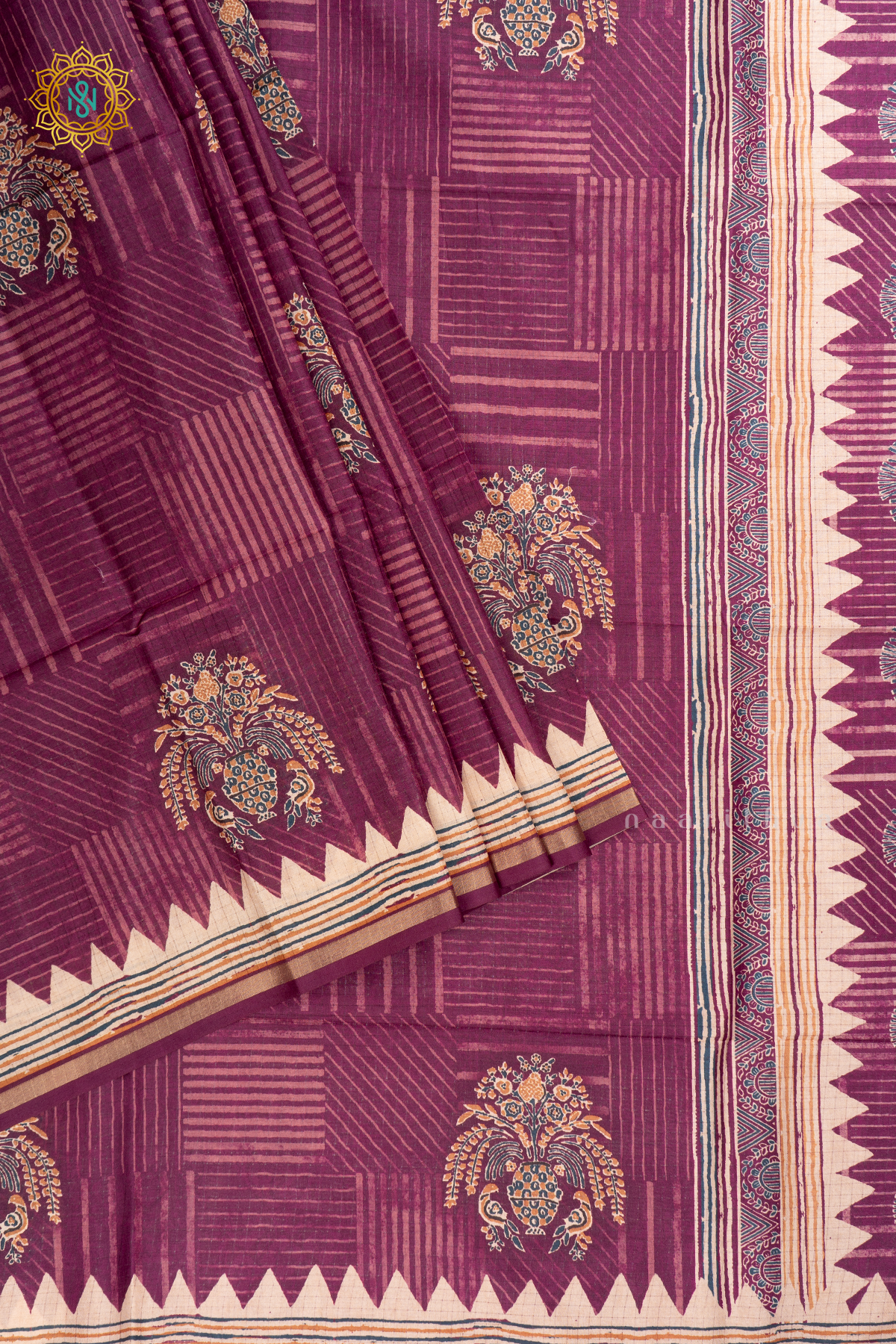 WINE WITH OFF WHITE - SEMI TUSSAR SILK