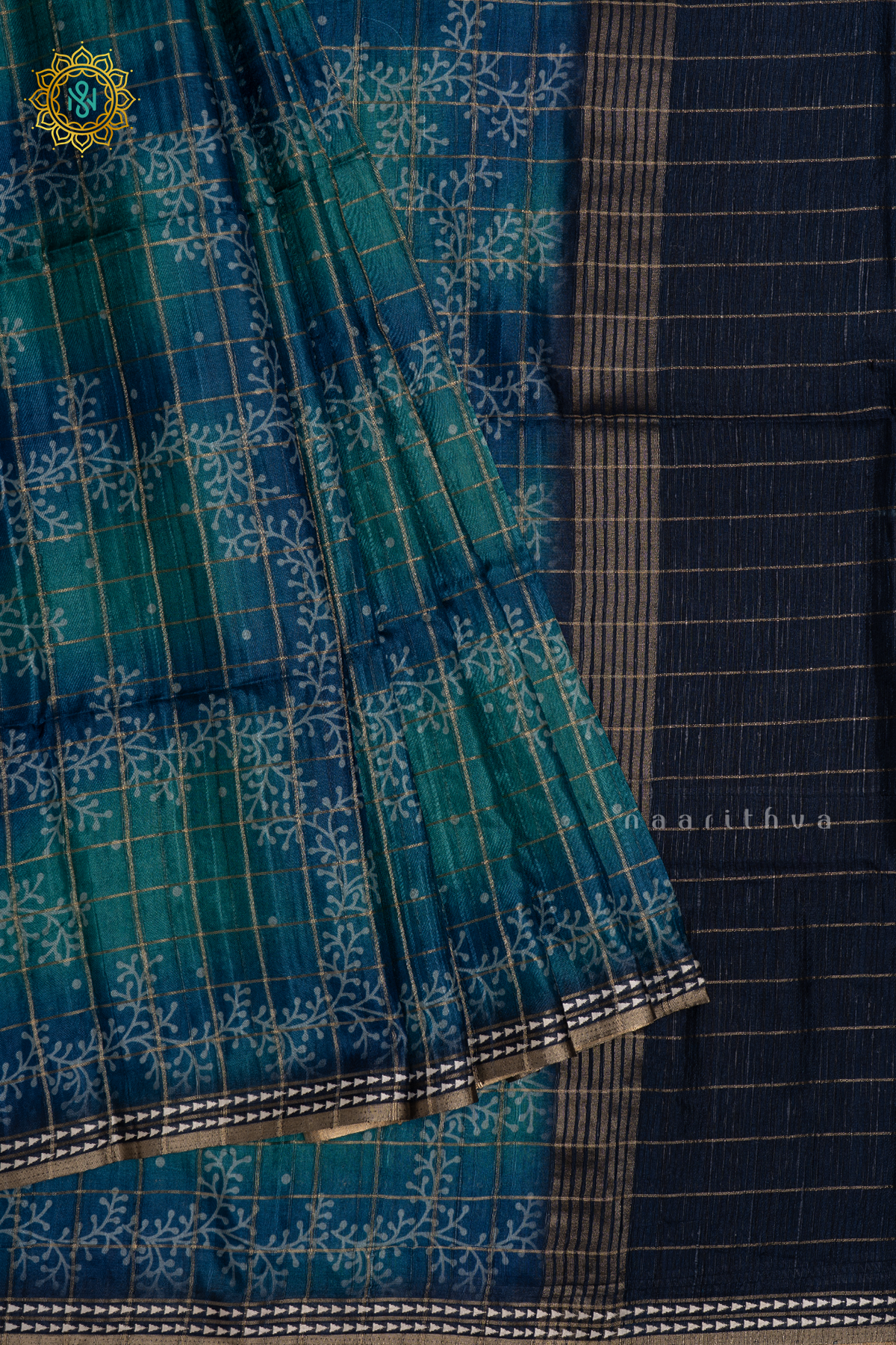 PEACOCK BLUE - KOTHA TUSSAR SAREE WITH PRINTED AND ZARI CHECKS BODY,  THREAD WOVEN BORDER