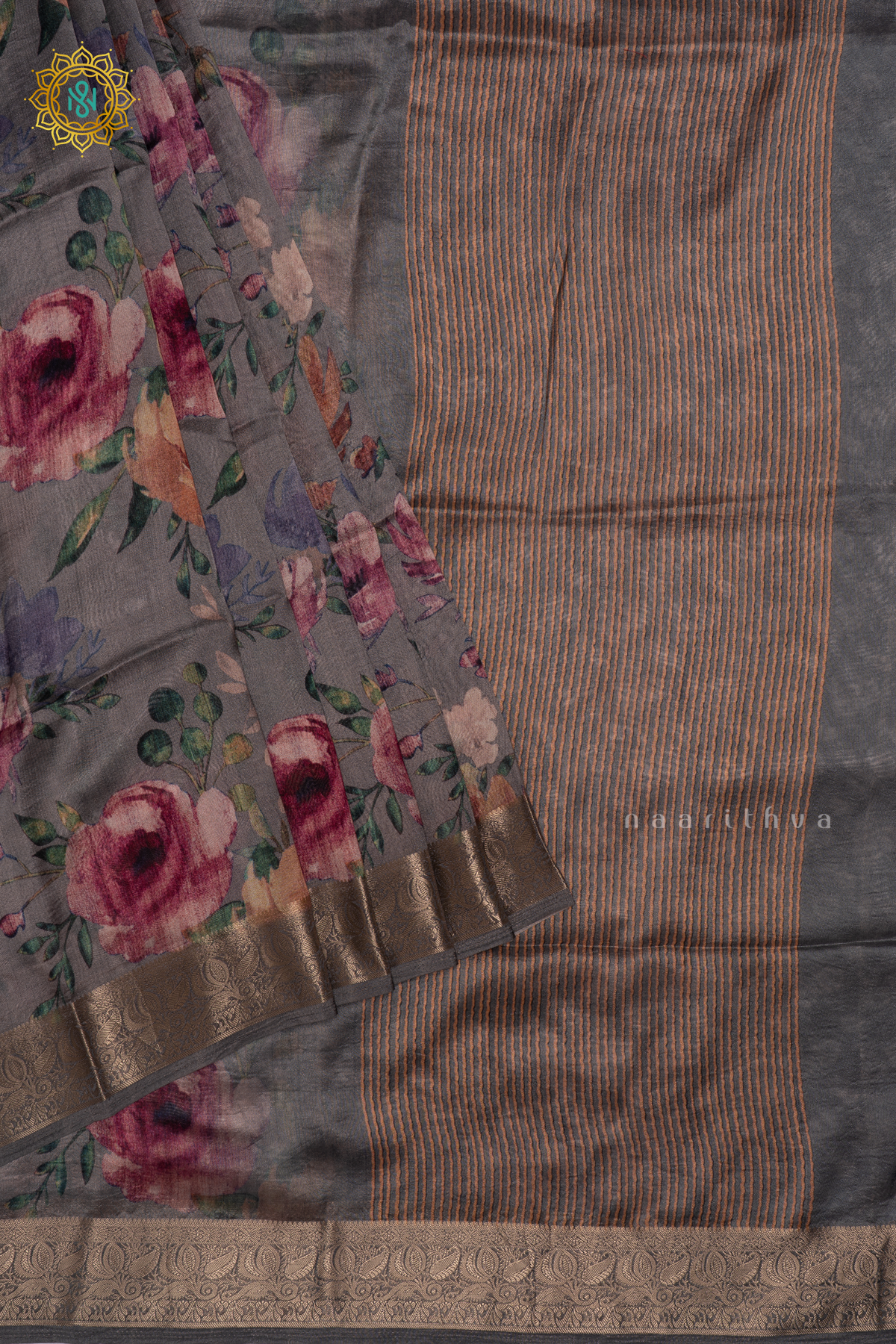 Grey Organza Crepe Saree With Floral Prints On The Body And Zari Border