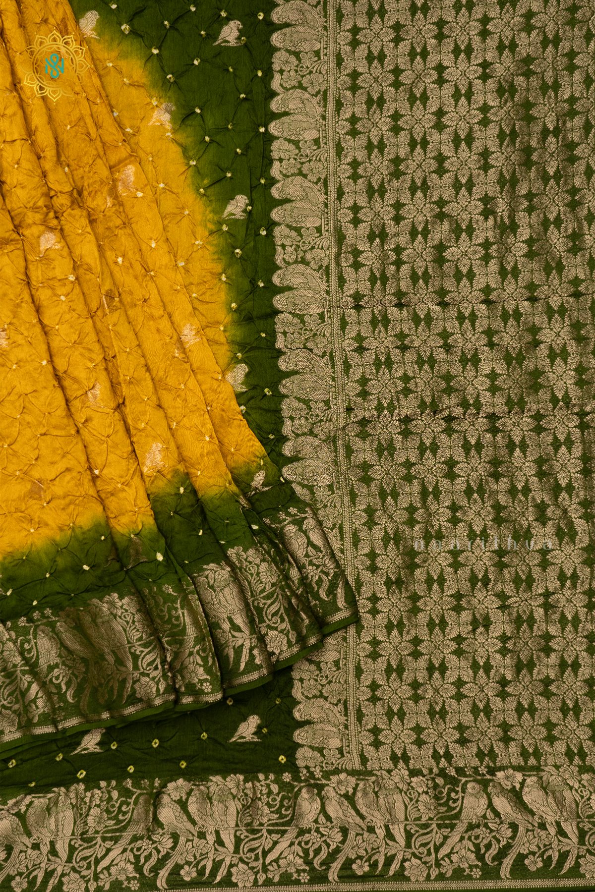 YELLOW WITH GREEN - SEMI TUSSAR WITH BANDHINI TIE & DYE