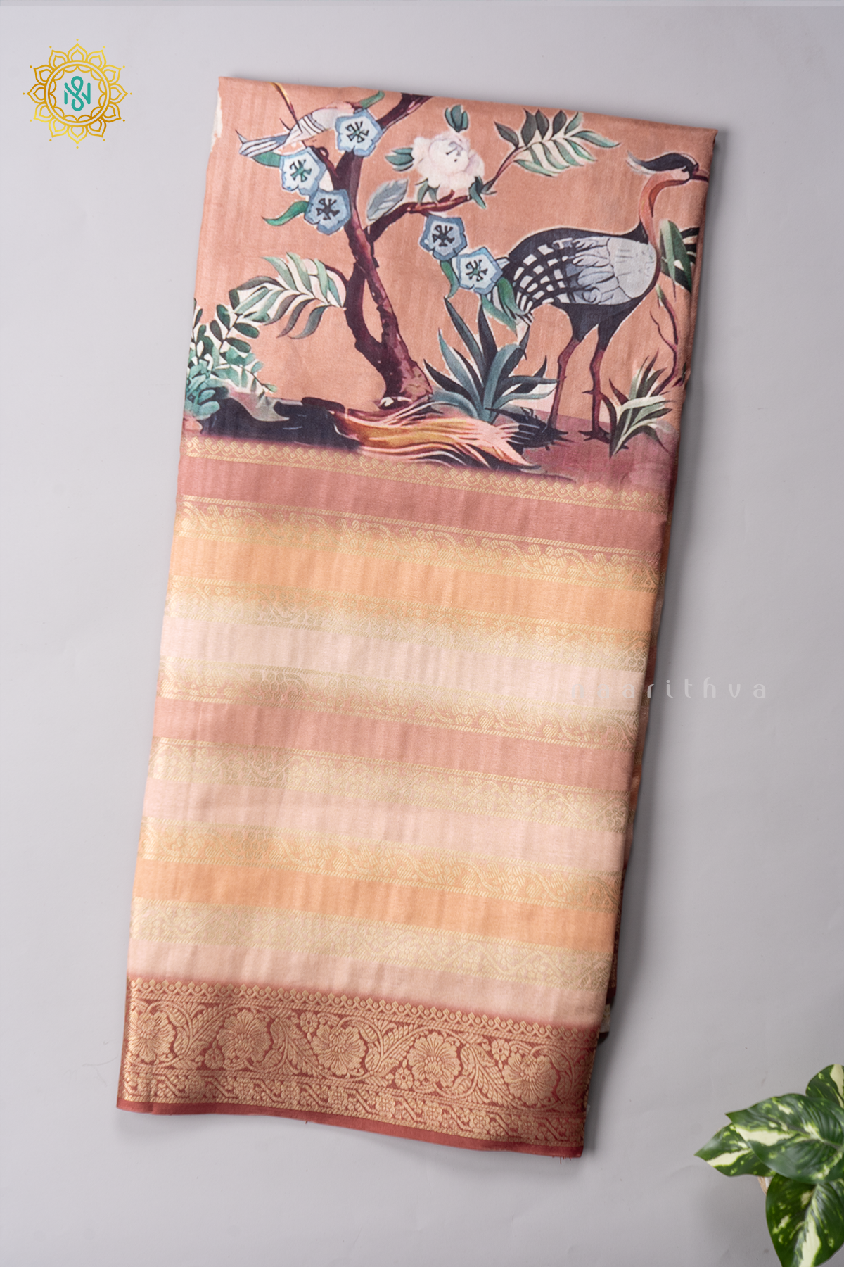 PEACH WITH MAROON - SEMI CREPE SILK