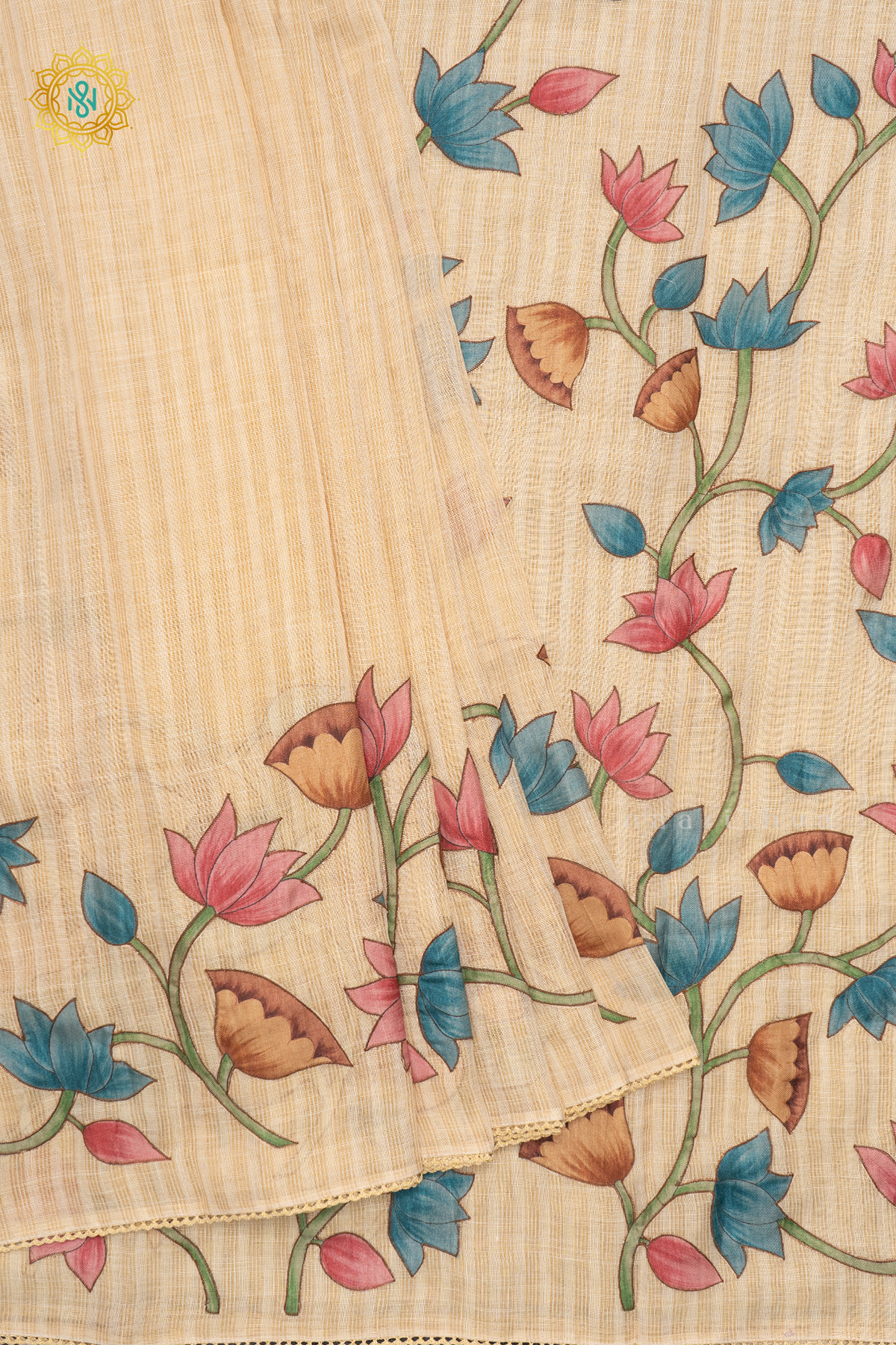 OFF WHITE WITH AQUA BLUE - LINEN TISSUE WITH APPLIQUE WORK
